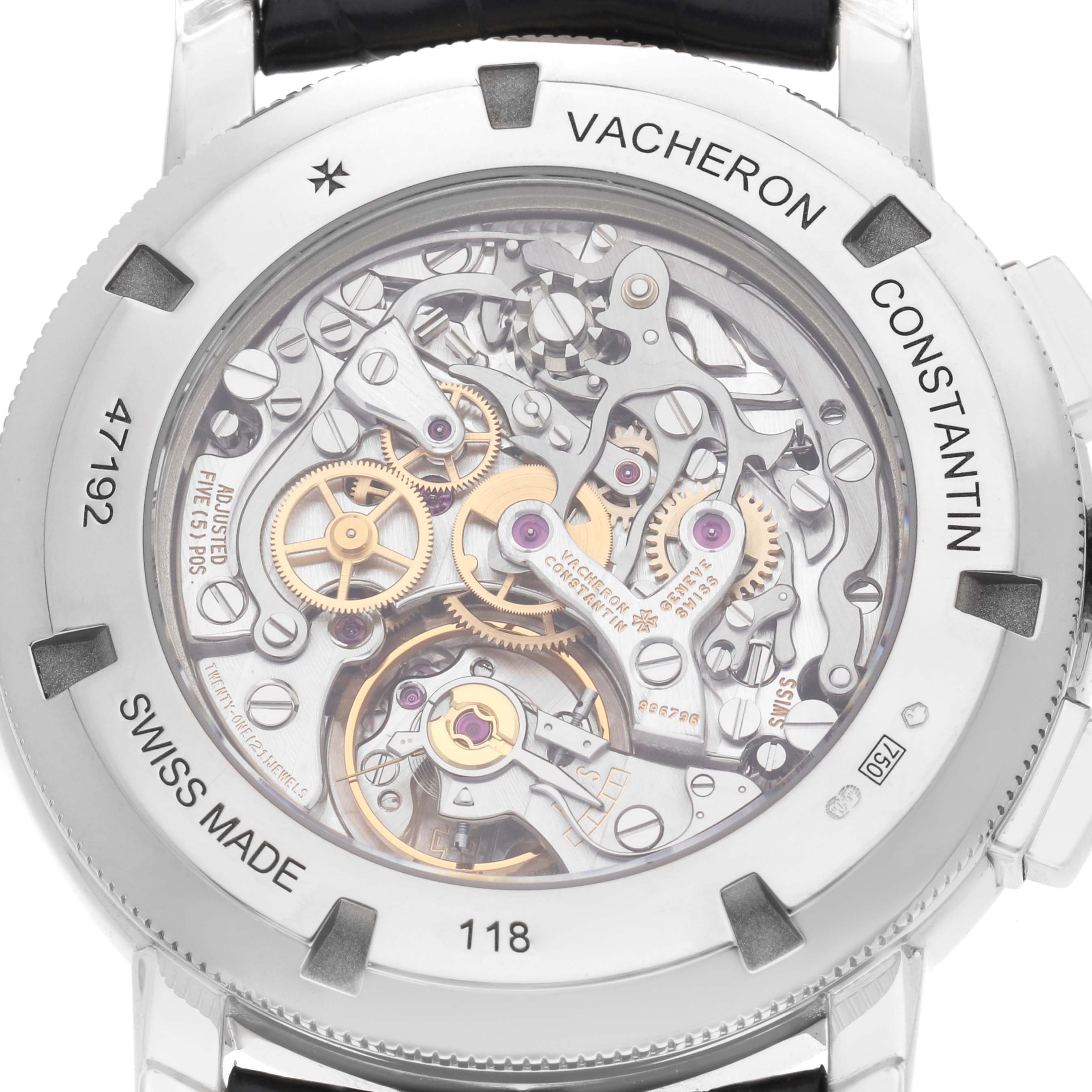 The image shows a close-up of the back of a Vacheron Constantin Traditionnelle 47192 Men's White Gold Silver Dial watch, highlighting its intricate movement.