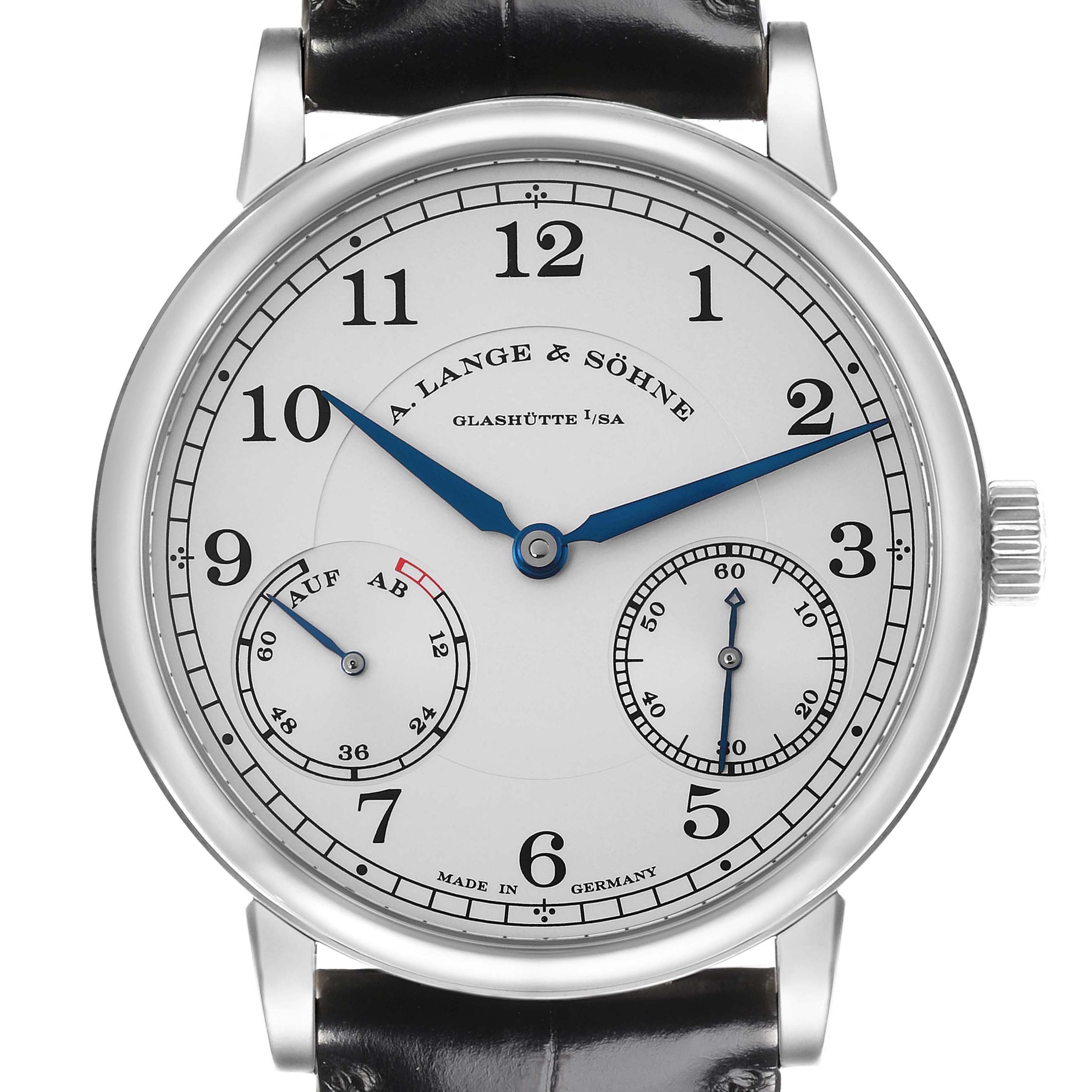 The A. Lange 
Sohne 1815 234.026 Men
s White Gold Silver Dial watch is shown from the front, displaying its dial with blue hands, numerals, and subdials.