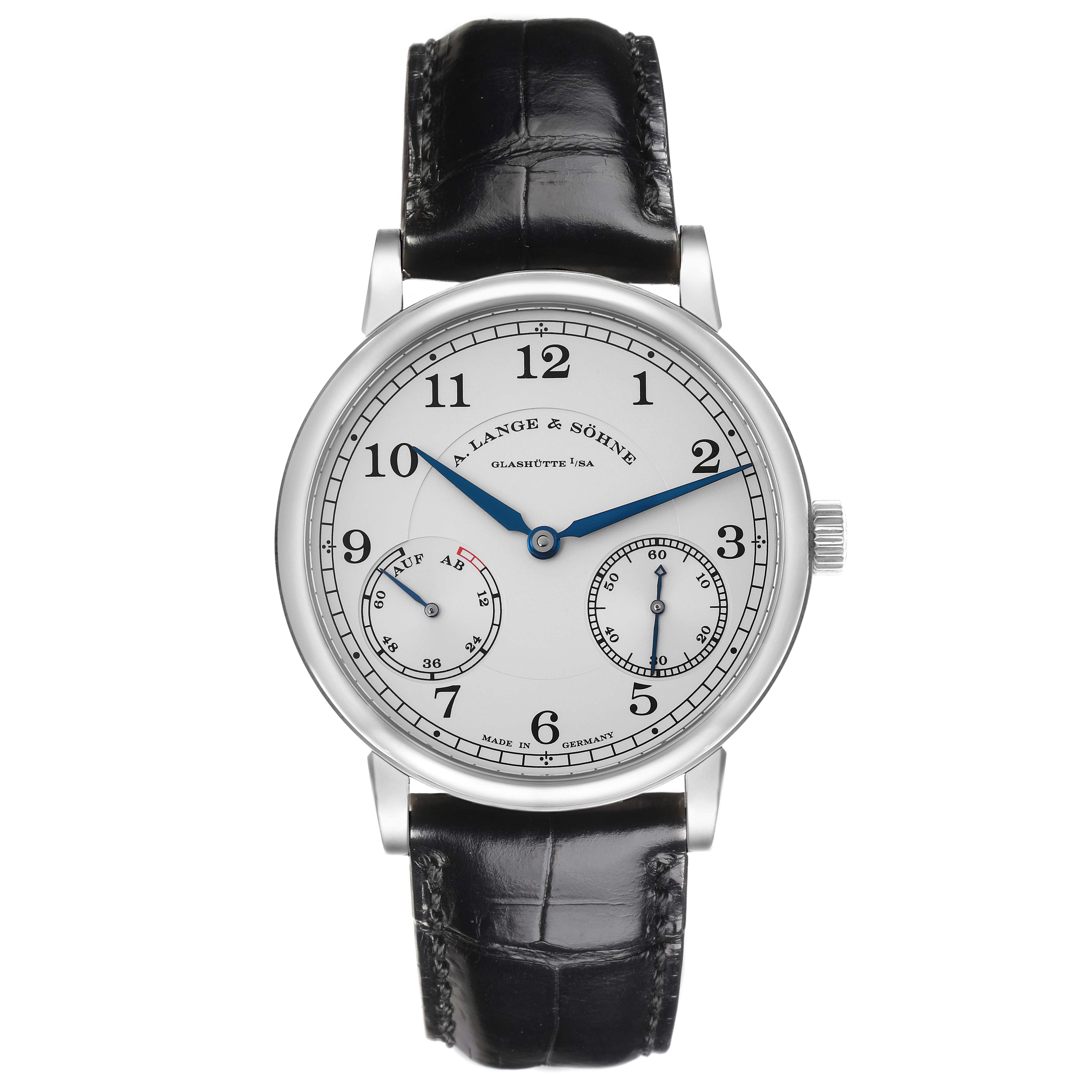 The A. Lange 
Sohne 1815 234.026 Men
s White Gold Silver Dial model is shown from a front angle, displaying the dial, hands, subdials, and leather strap.
