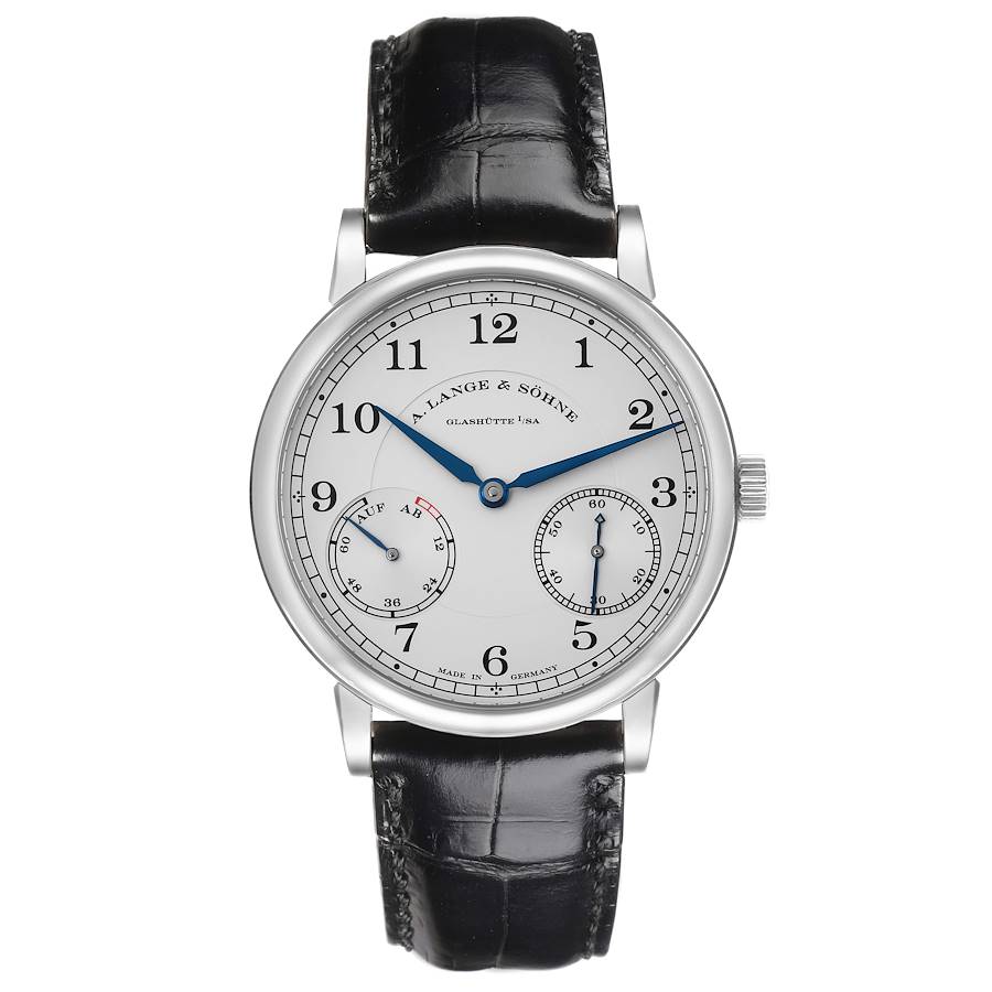 The A. Lange & Söhne 1815 model is shown from a front angle, displaying the dial, hands, subdials, and leather strap.