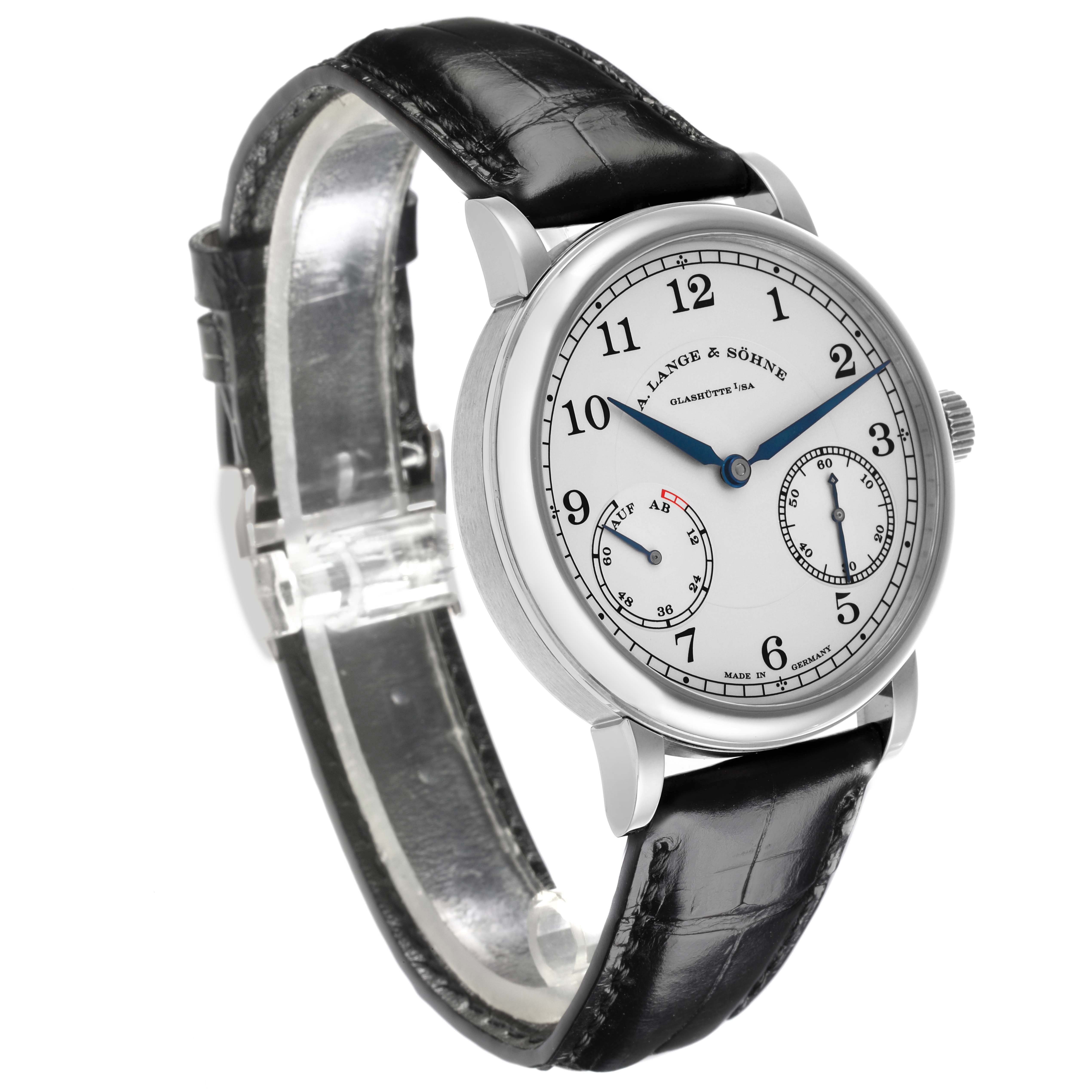 The A. Lange 
Sohne 1815 234.026 Men
s White Gold Silver Dial watch is viewed at a front angle, showcasing the dial, case, and leather strap.