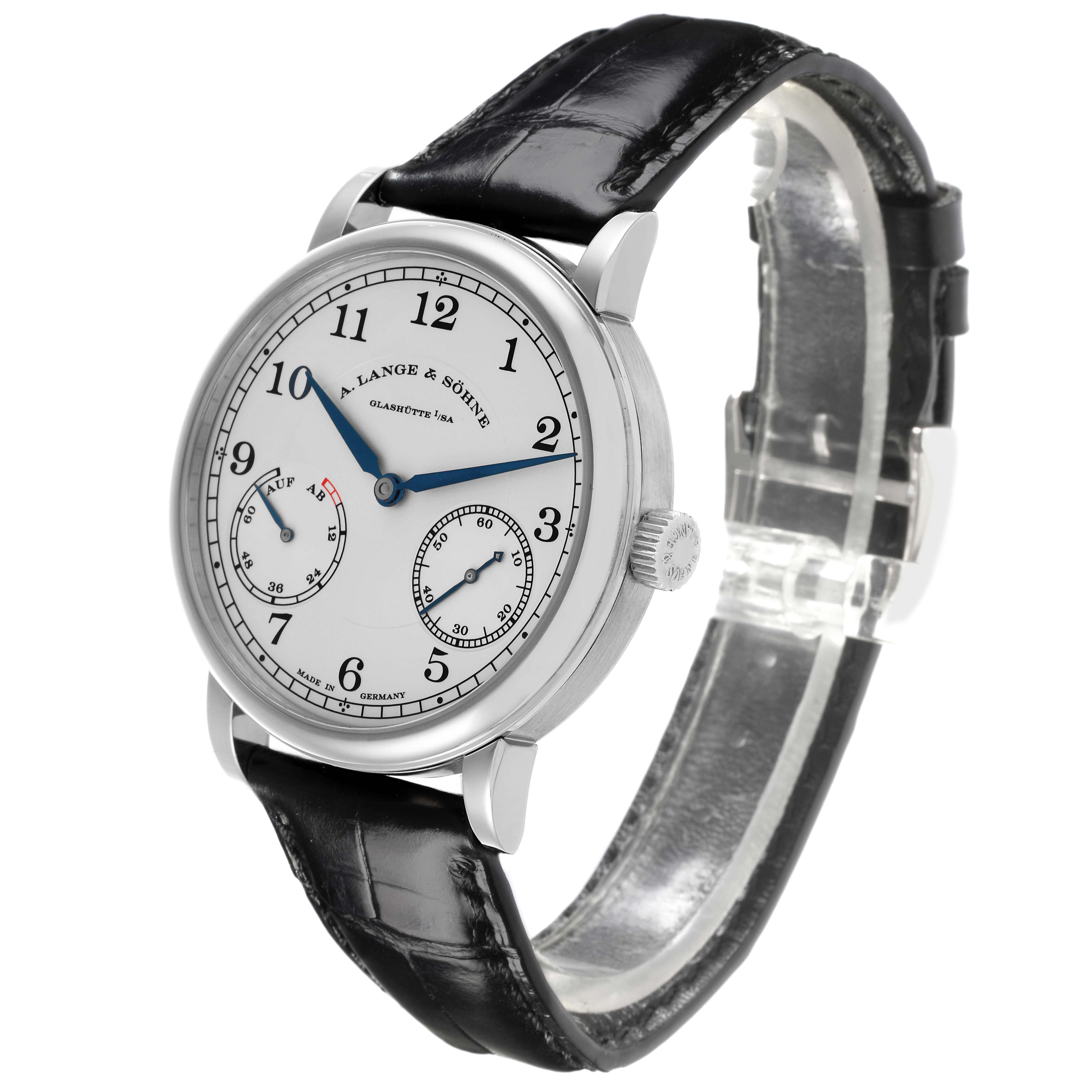 The A. Lange 
Sohne 1815 234.026 Men
s White Gold Silver Dial watch is shown at a slight angle, displaying the face, crown, case, and black leather strap.