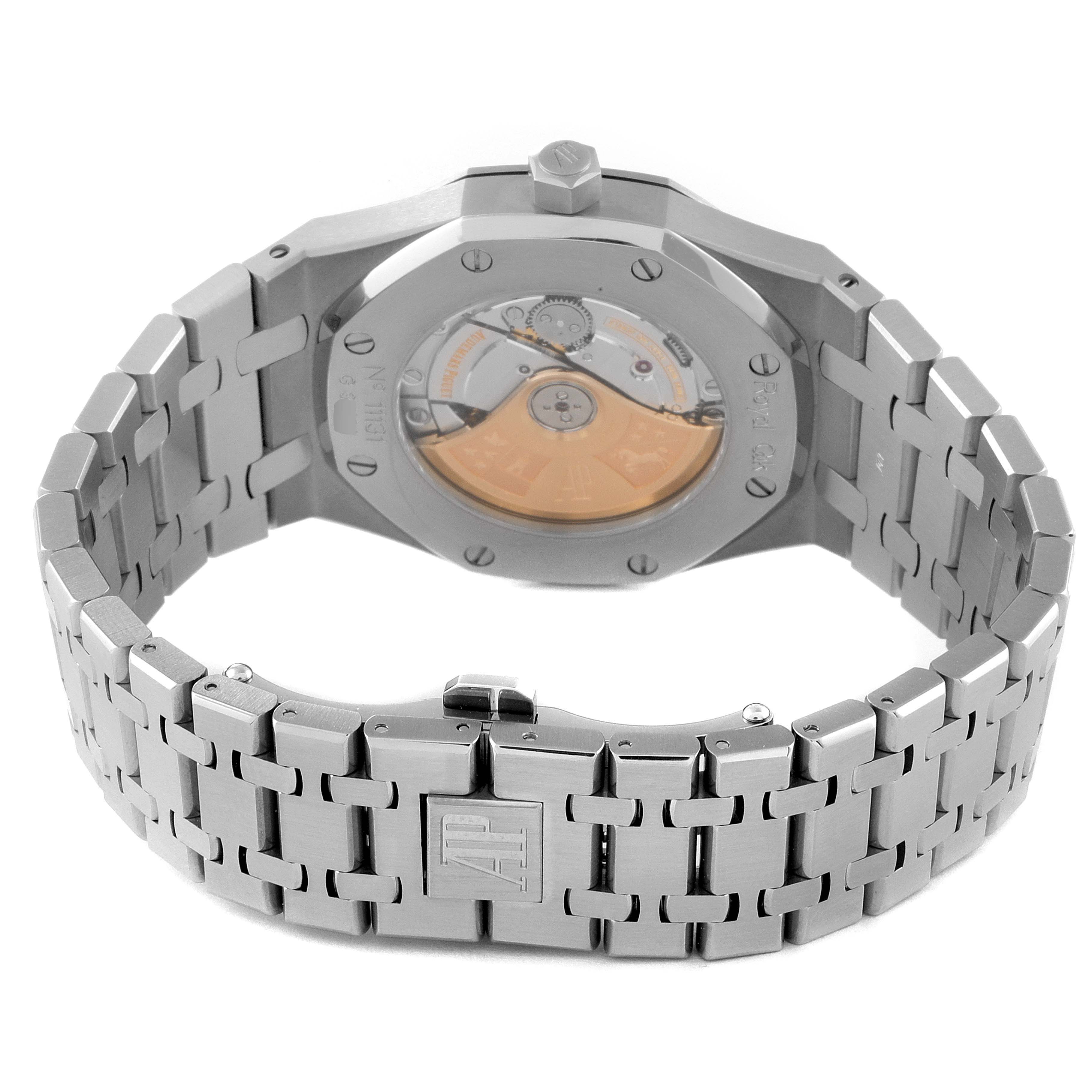 The image shows the back and bracelet of the Audemars Piguet Royal Oak 15300ST.00.1220ST.01 Men's Stainless Steel White Dial 15300ST.00.1220ST.01 Men's Stainless Steel White Dial, highlighting its clasp and visible mechanical movement through the case back.