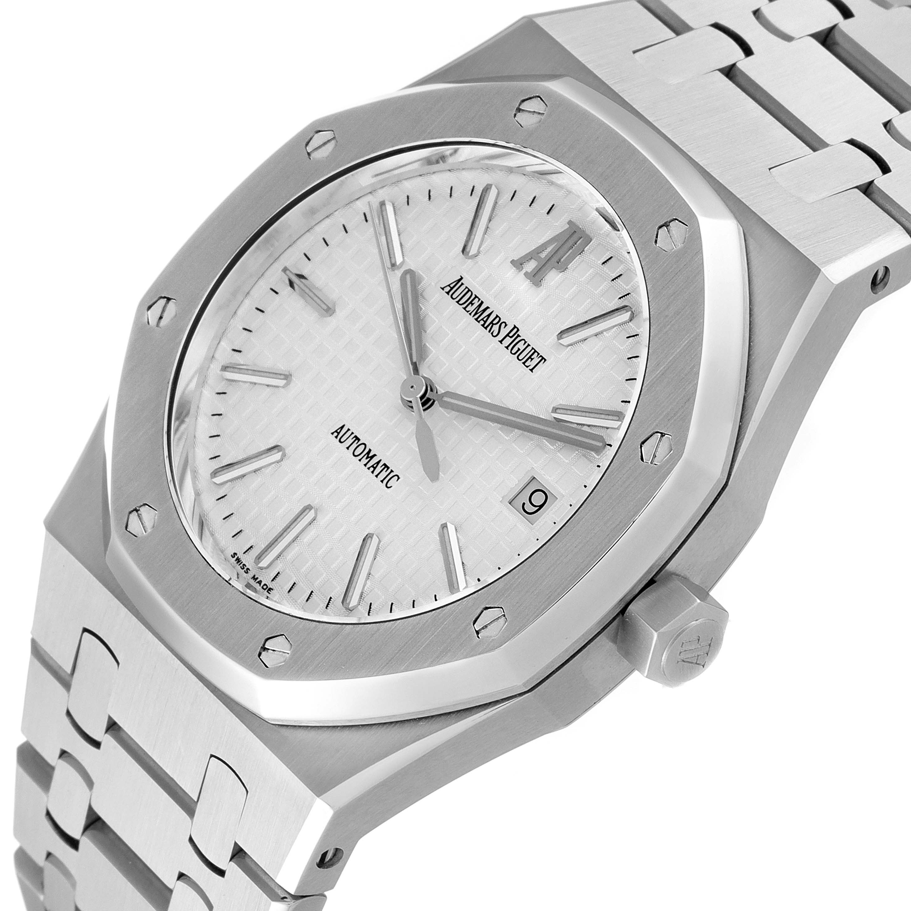 The image shows a close-up of an Audemars Piguet Royal Oak 15300ST.00.1220ST.01 Men's Stainless Steel White Dial 15300ST.00.1220ST.01 Men's Stainless Steel White Dial watch, highlighting the face, bezel, crown, and part of the bracelet.
