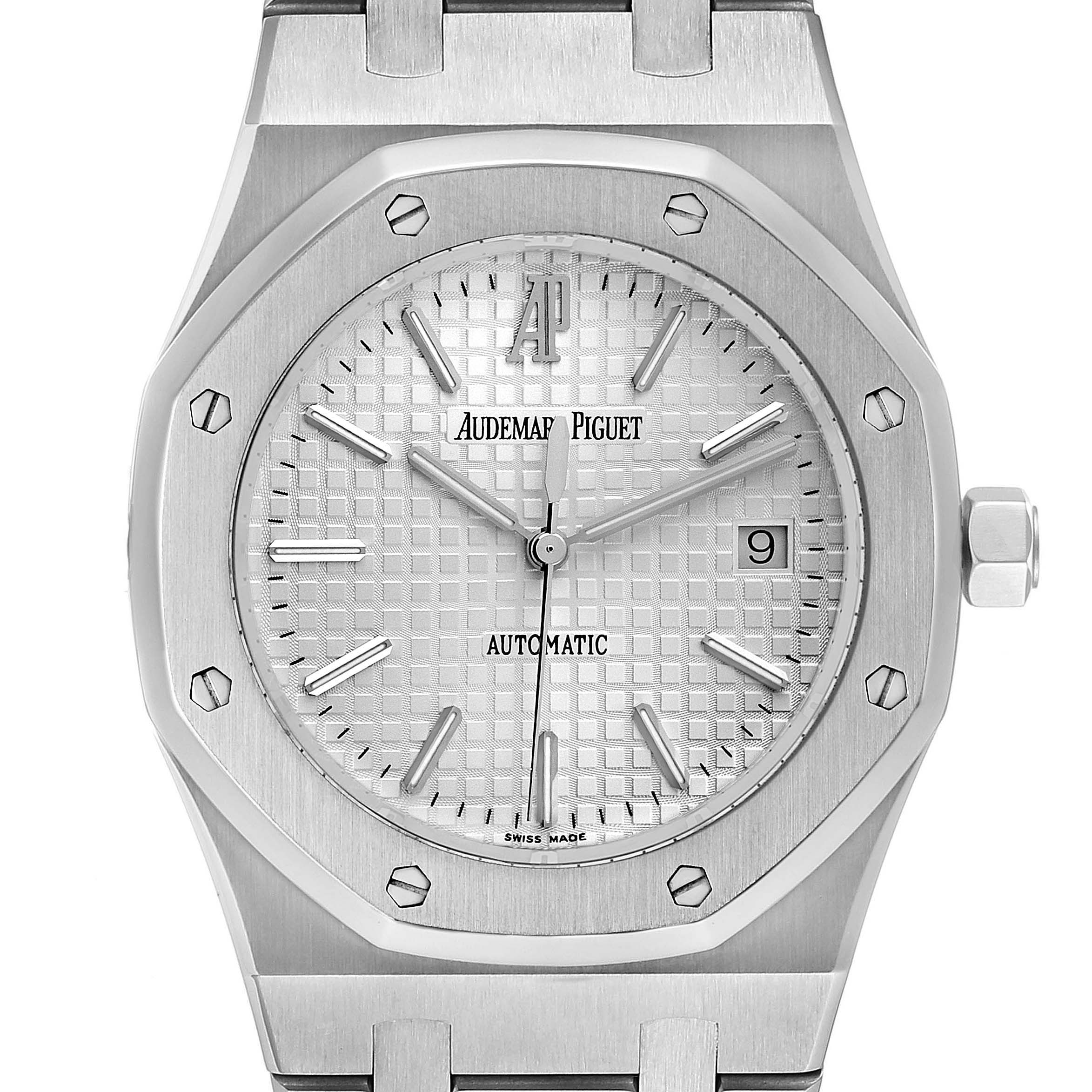 The image shows a frontal close-up view of the Audemars Piguet Royal Oak 15300ST.00.1220ST.01 Men's Stainless Steel White Dial 15300ST.00.1220ST.01 Men's Stainless Steel White Dial watch, highlighting its octagonal bezel, dial, and hands.