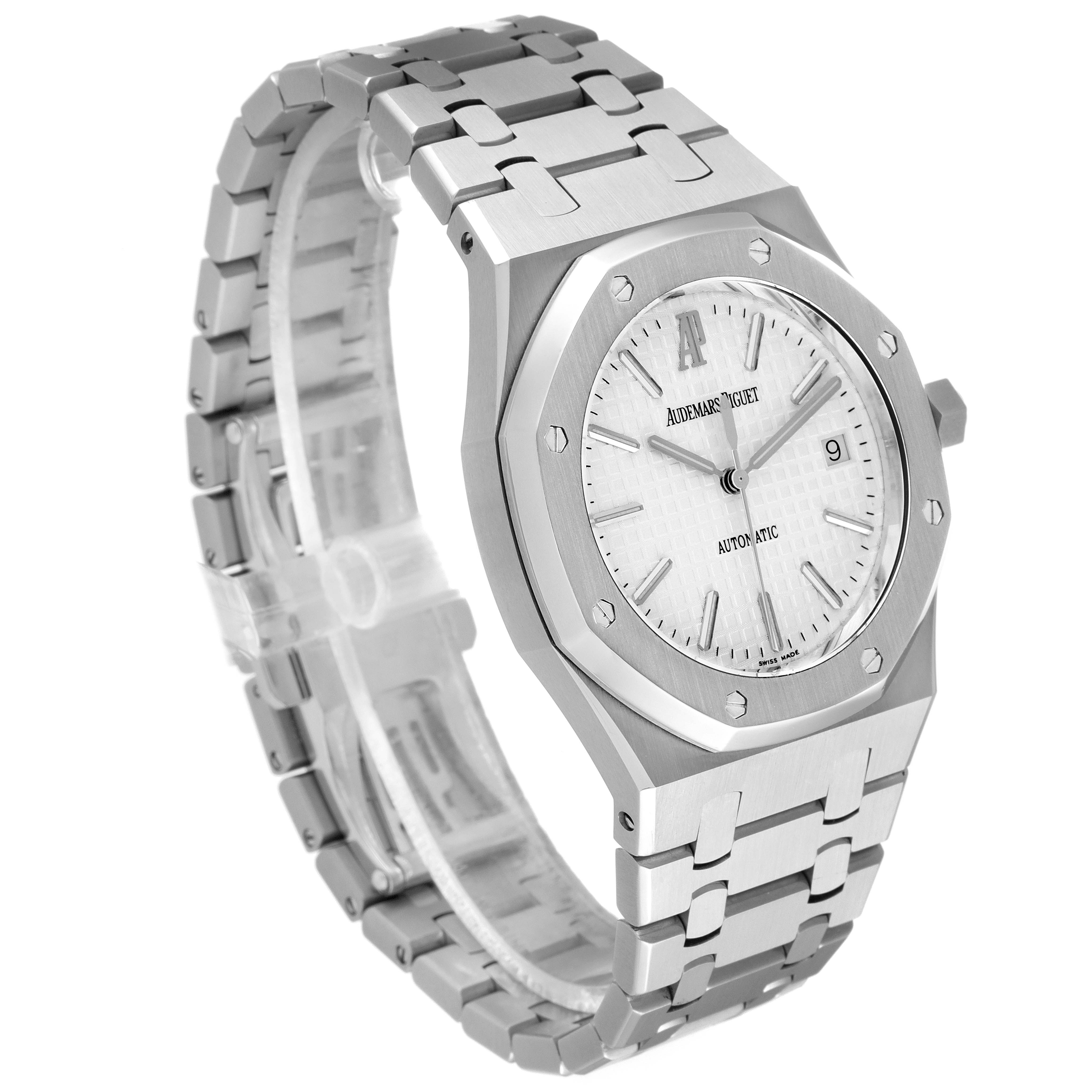 This Audemars Piguet Royal Oak 15300ST.00.1220ST.01 Men's Stainless Steel White Dial 15300ST.00.1220ST.01 Men's Stainless Steel White Dial watch is shown from an oblique angle, highlighting its silver bracelet and octagonal bezel.