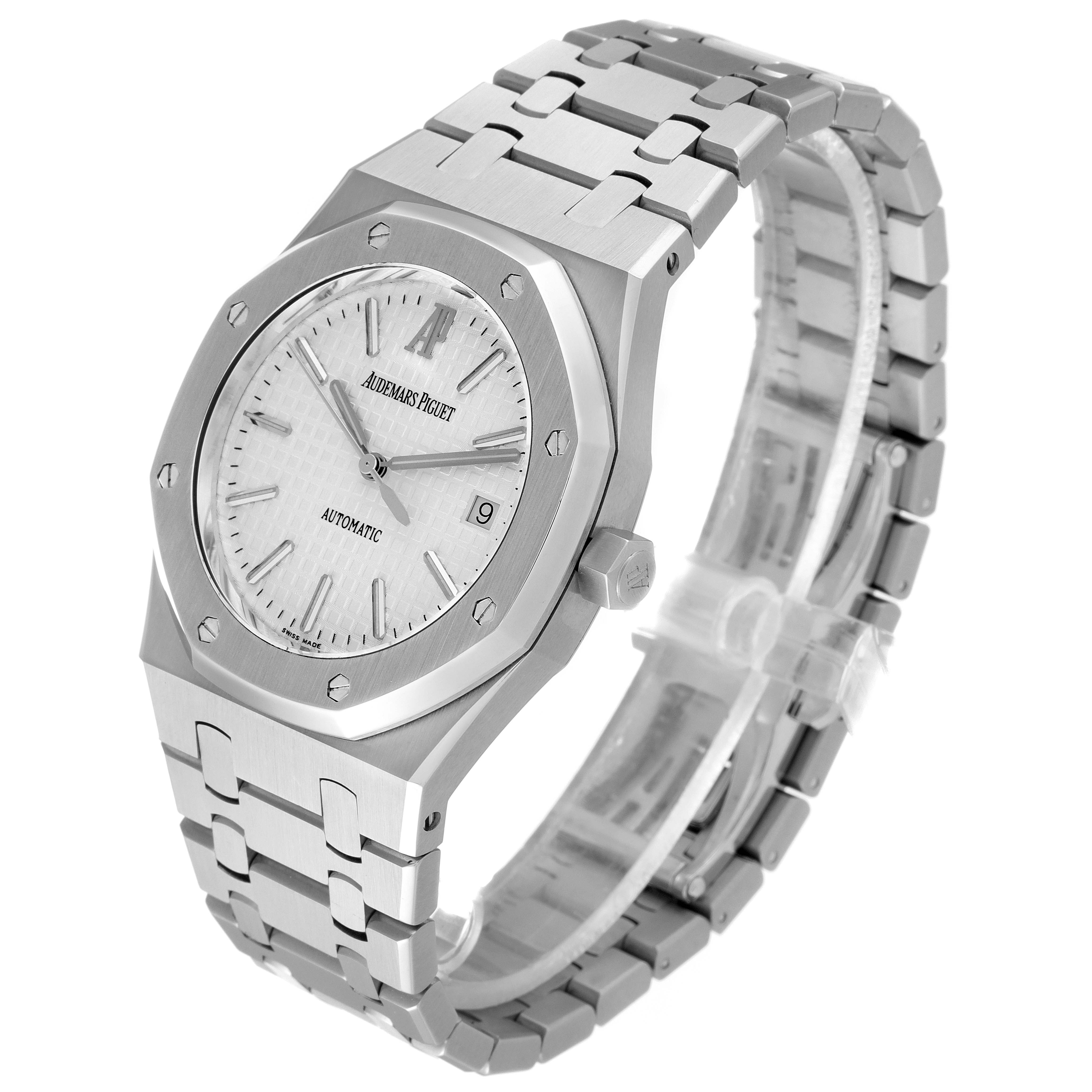 The image shows a side angle of an Audemars Piguet Royal Oak 15300ST.00.1220ST.01 Men's Stainless Steel White Dial 15300ST.00.1220ST.01 Men's Stainless Steel White Dial watch, highlighting its face, bezel, bracelet, and crown.