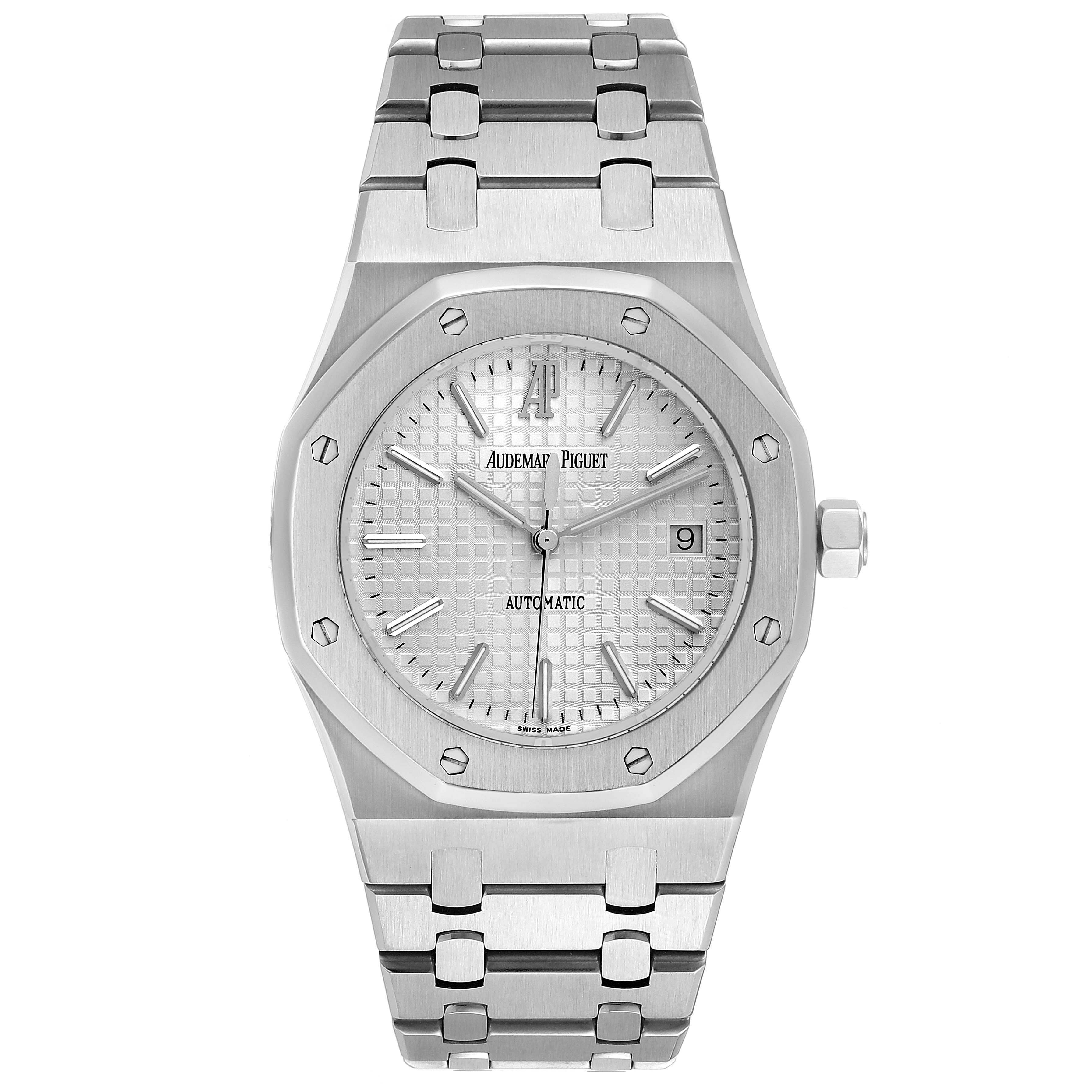 The image shows a front view of an Audemars Piguet Royal Oak 15300ST.00.1220ST.01 Men's Stainless Steel White Dial 15300ST.00.1220ST.01 Men's Stainless Steel White Dial watch, highlighting its dial, bezel, and bracelet.