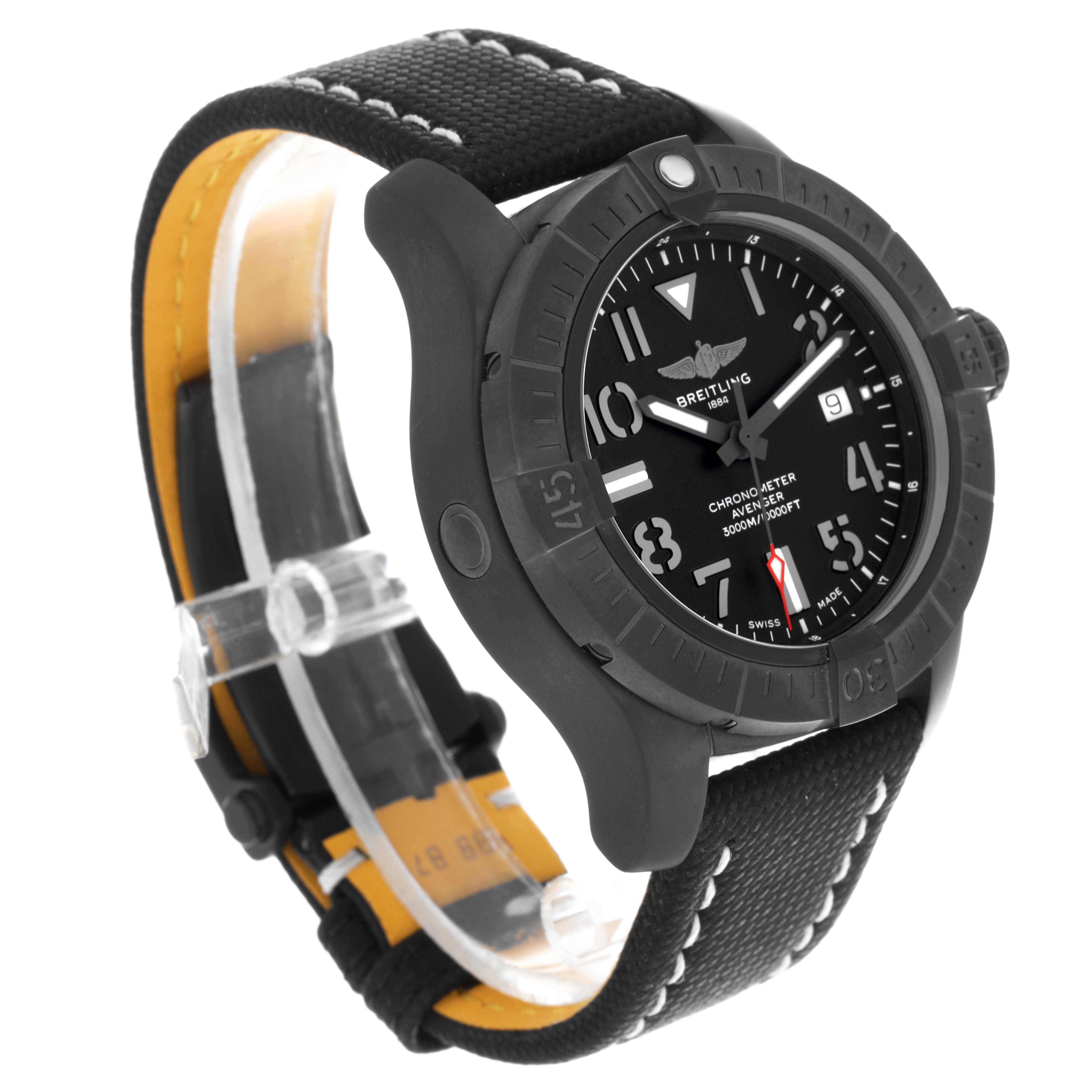 The image shows the Breitling Avenger V17319 Men's Titanium Black Dial V17319 Men's Titanium Black Dial watch at a three-quarter angle, highlighting its face, bezel, and strap.