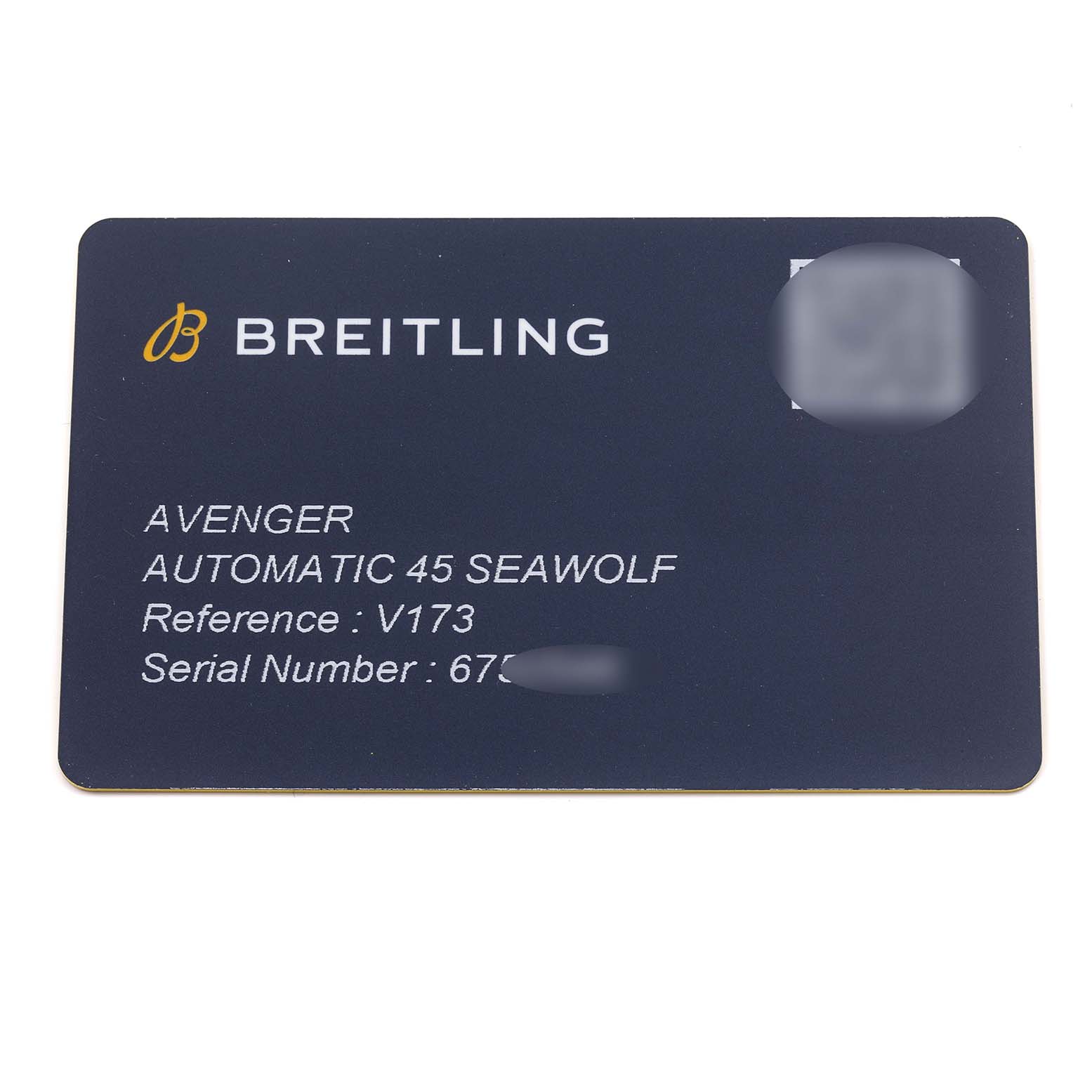 The image shows a warranty card for the Breitling Avenger V17319 Men's Titanium Black Dial V17319 Men's Titanium Black Dial Automatic 45 Seawolf watch.