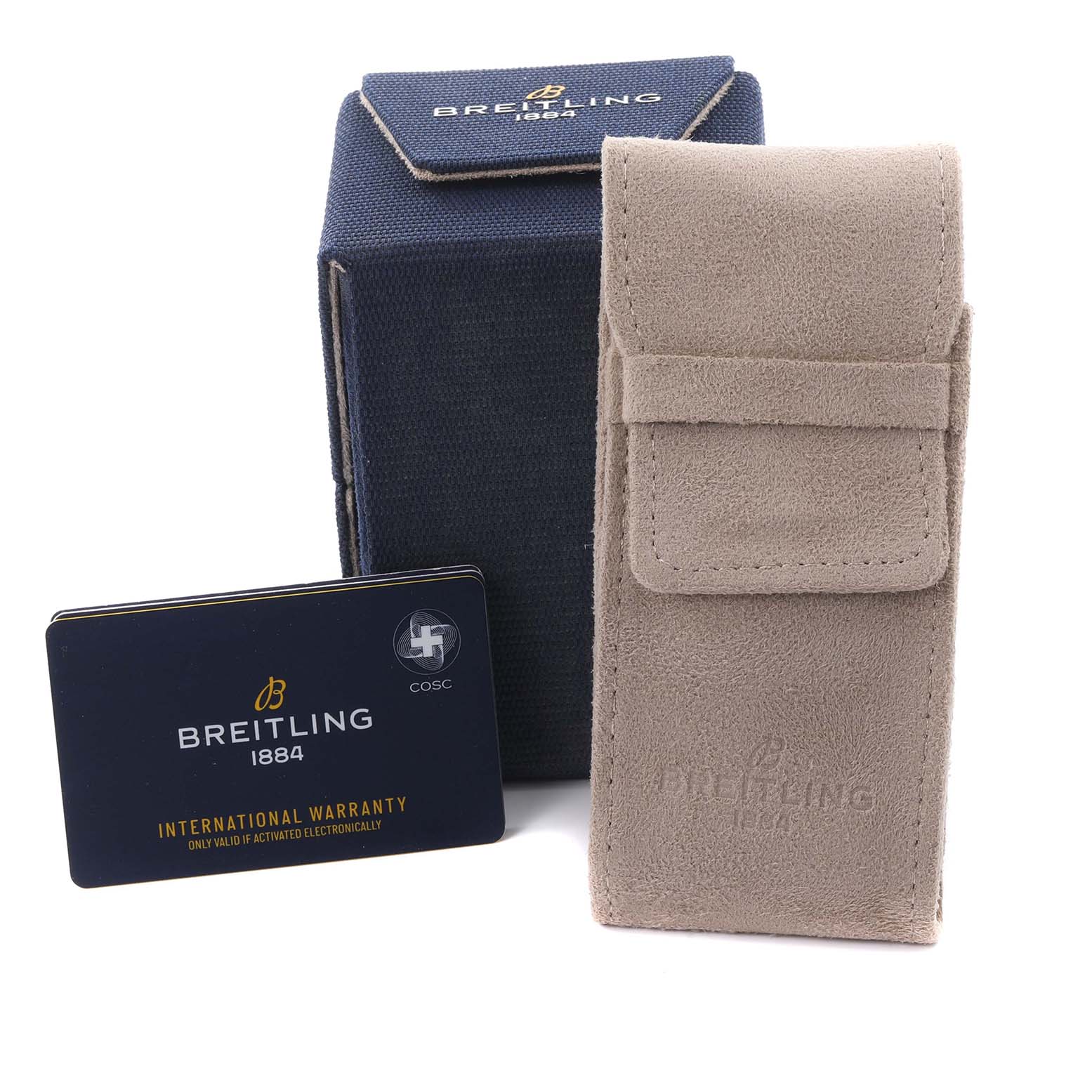 The image shows the Breitling Avenger V17319 Men's Titanium Black Dial V17319 Men's Titanium Black Dial packaging, suede pouch, and warranty card.