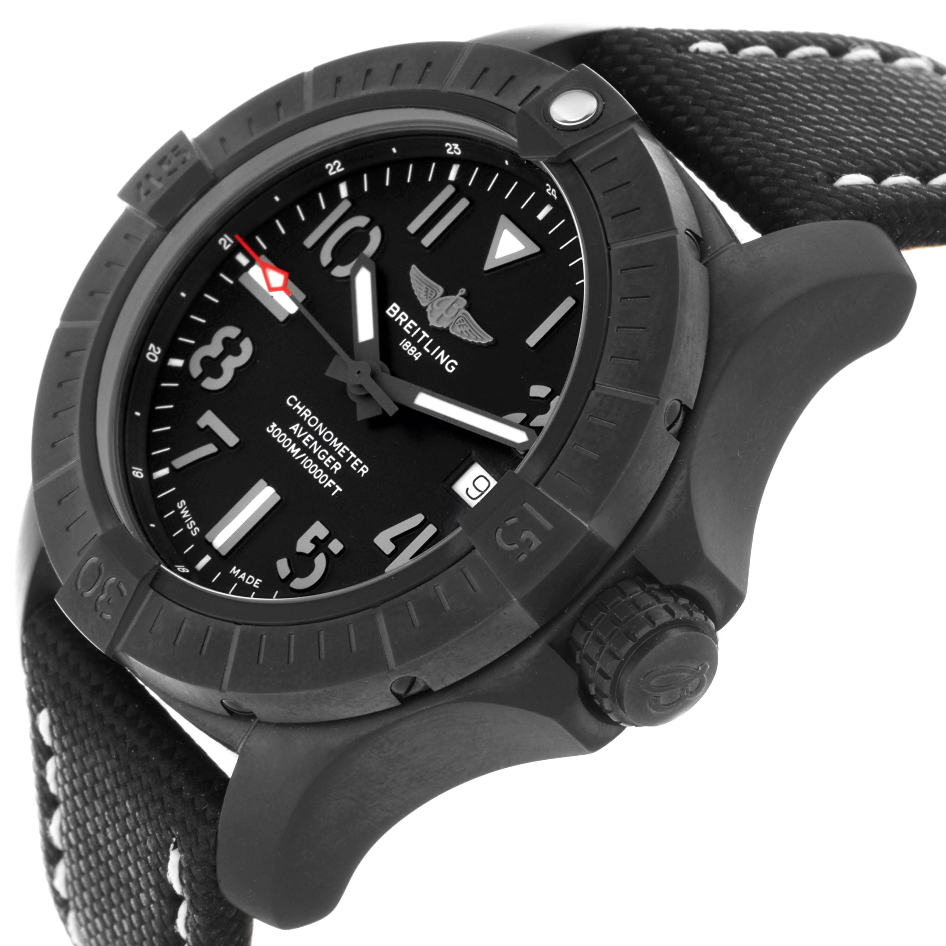 The Breitling Avenger V17319 Men's Titanium Black Dial V17319 Men's Titanium Black Dial watch is shown at an angle highlighting the face, bezel, crown, and part of the strap.