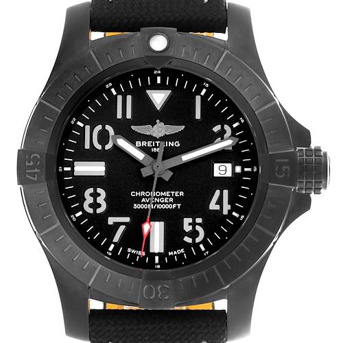 The Breitling Avenger watch is shown from the front, displaying the dial and bezel clearly.