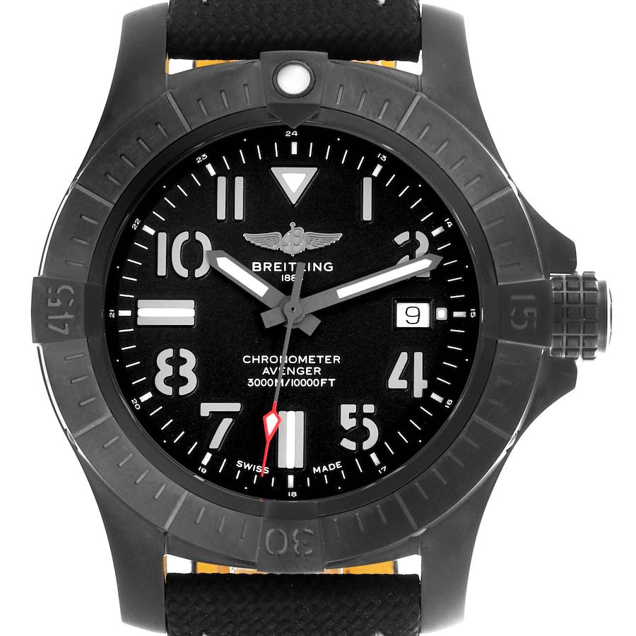 The Breitling Avenger watch is shown from the front, displaying the dial, bezel, and part of the strap.