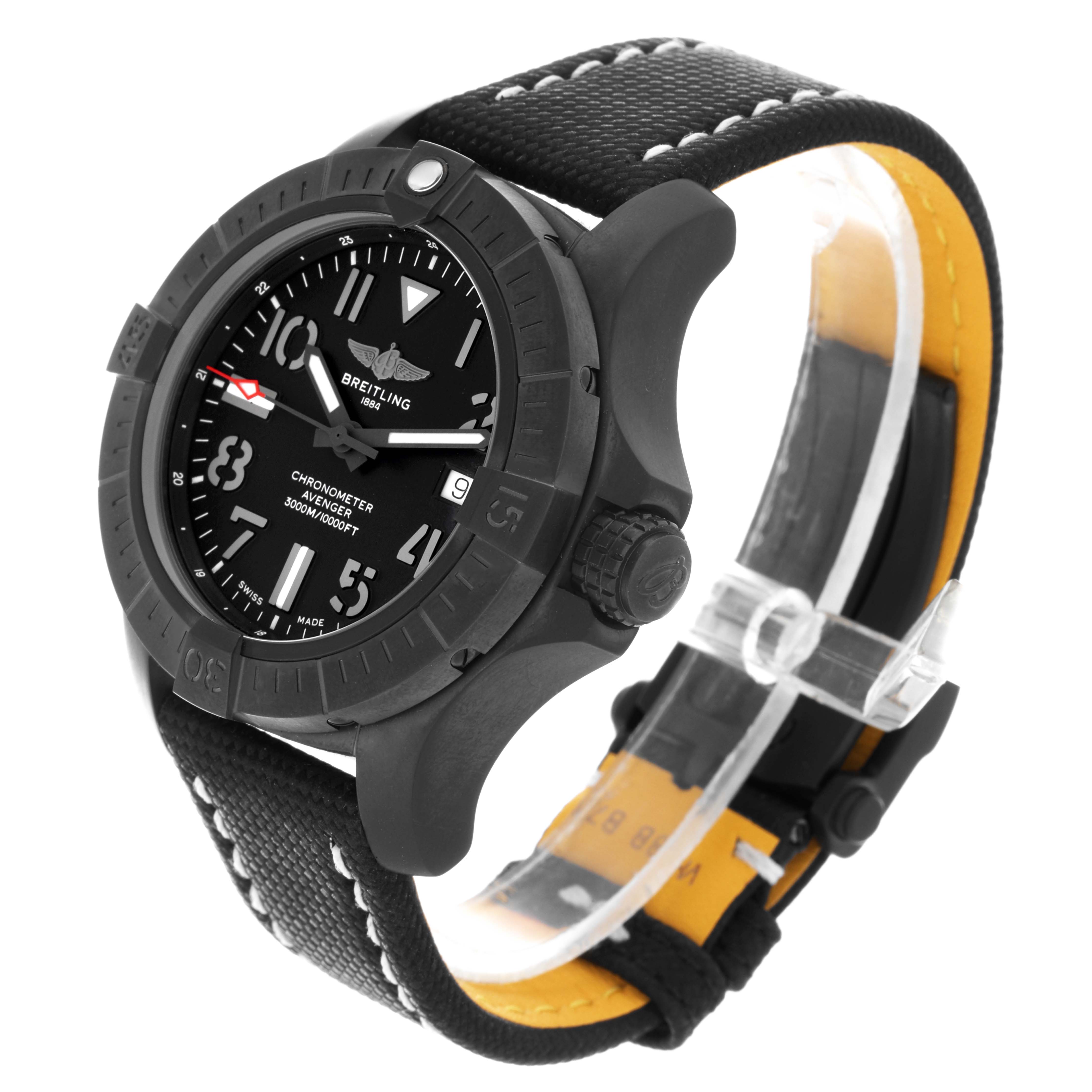 The Breitling Avenger V17319 Men's Titanium Black Dial V17319 Men's Titanium Black Dial watch is shown at a three-quarter angle, displaying the dial, bezel, and strap.