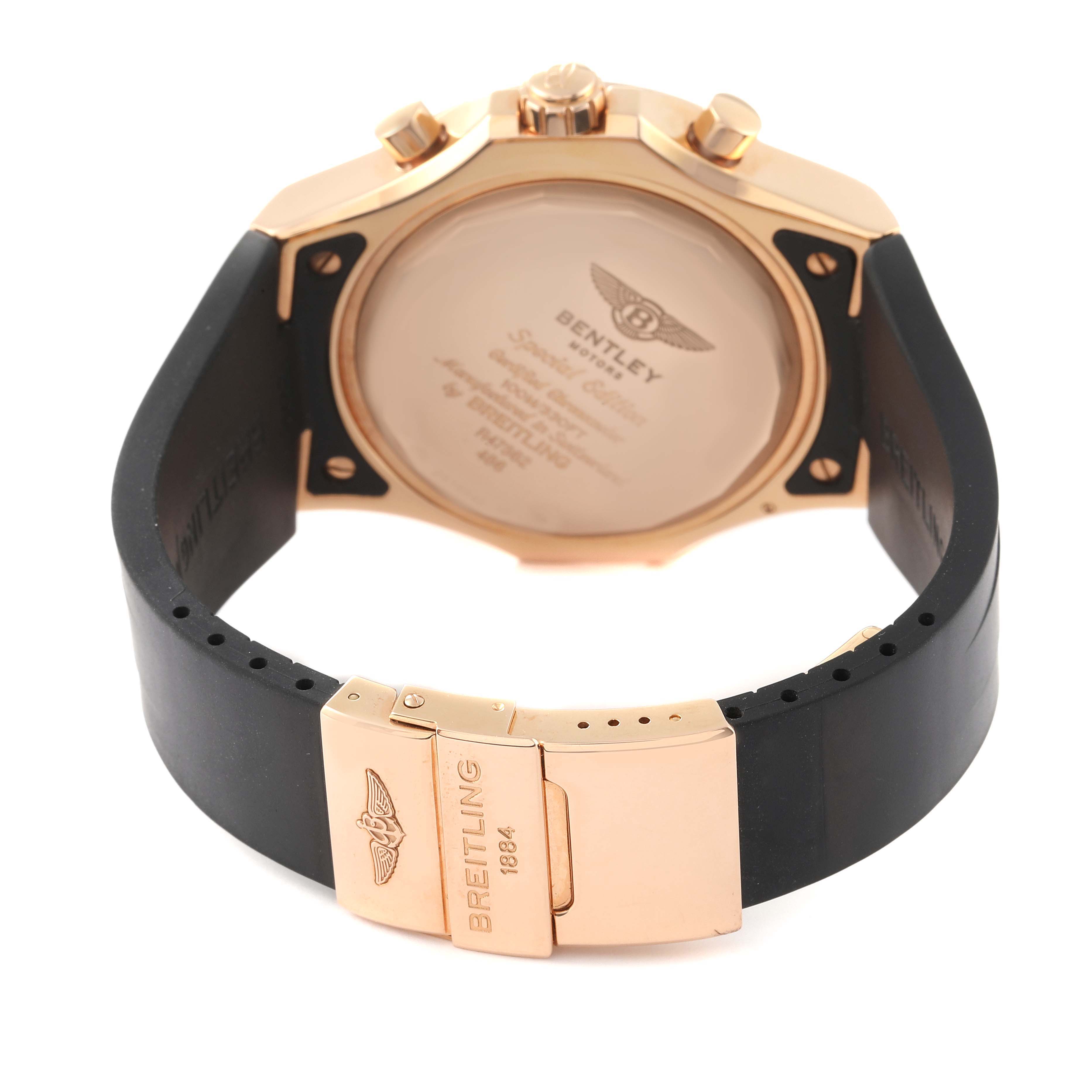 The image shows the back view of a Breitling Bentley R47362 Men's Rose Gold Black Dial R47362 Men's Rose Gold Black Dial model watch, focusing on the case back, strap, and clasp.