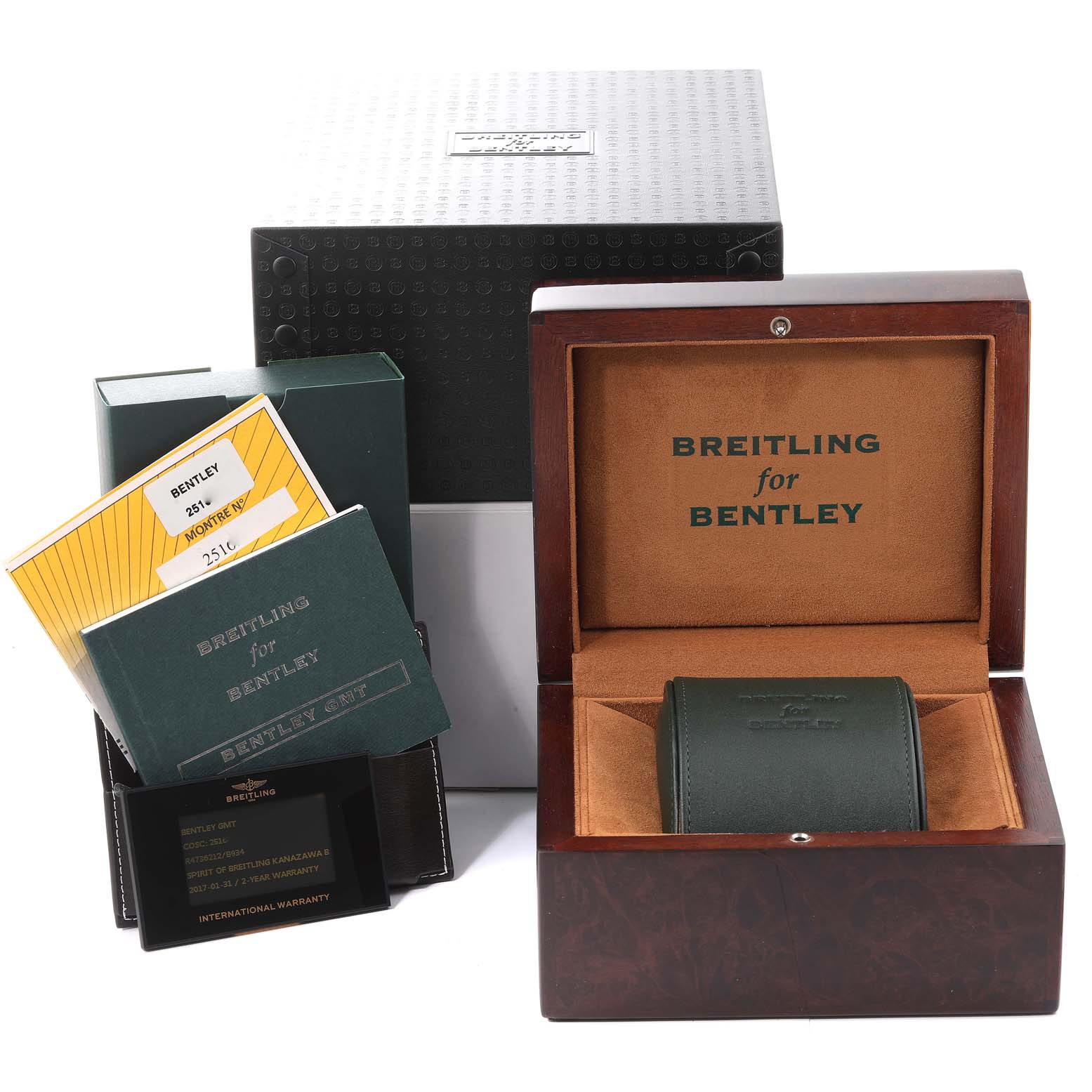 This image shows the Breitling for Bentley watch accessories, including the box, manual, and warranty card, viewed from the front.