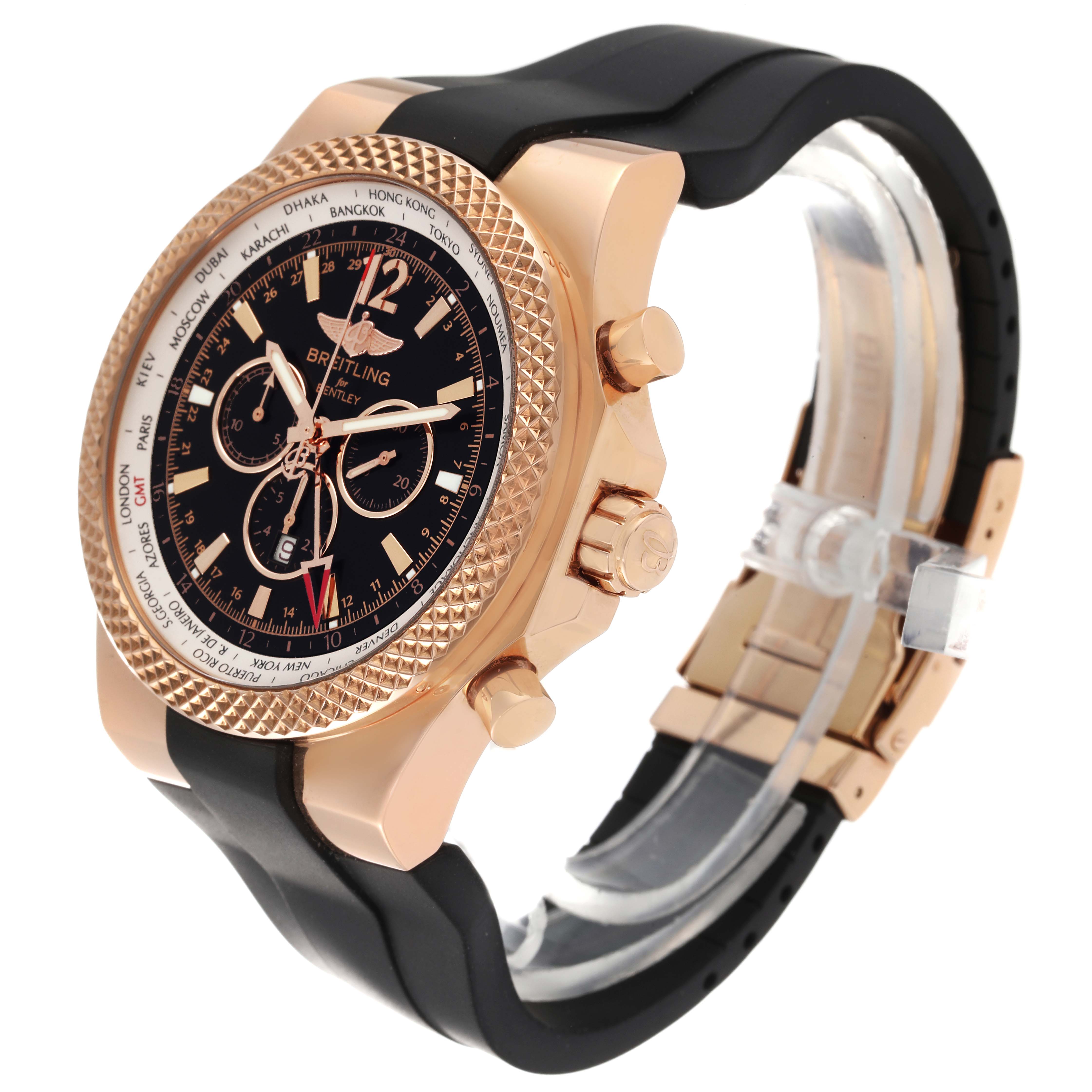 This image shows a side angle of the Bentley model by Breitling, highlighting its gold case, dial, and black rubber strap.