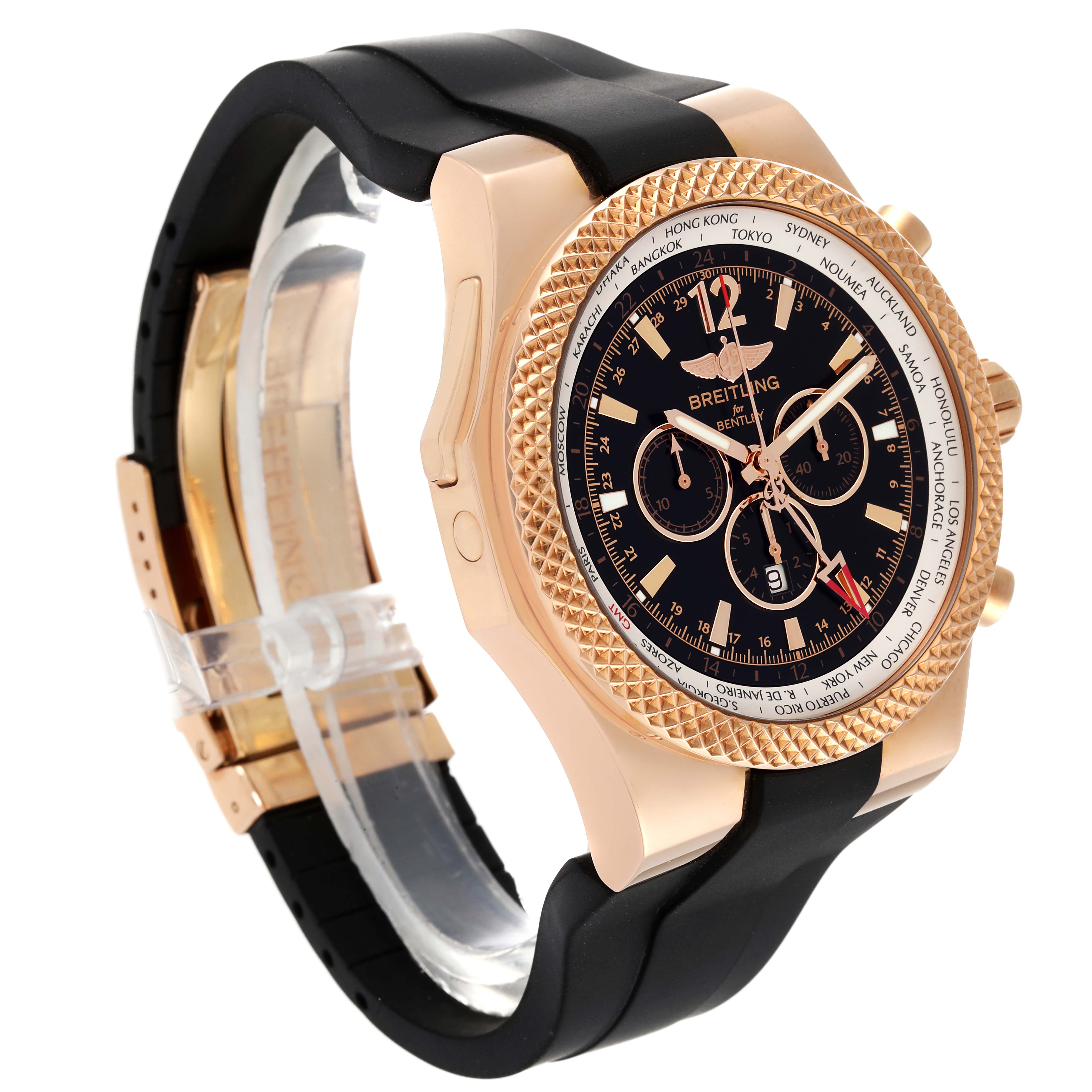 This image shows a Breitling Bentley R47362 Men's Rose Gold Black Dial R47362 Men's Rose Gold Black Dial model watch from a three-quarter angle, highlighting the dial, bezel, and strap.