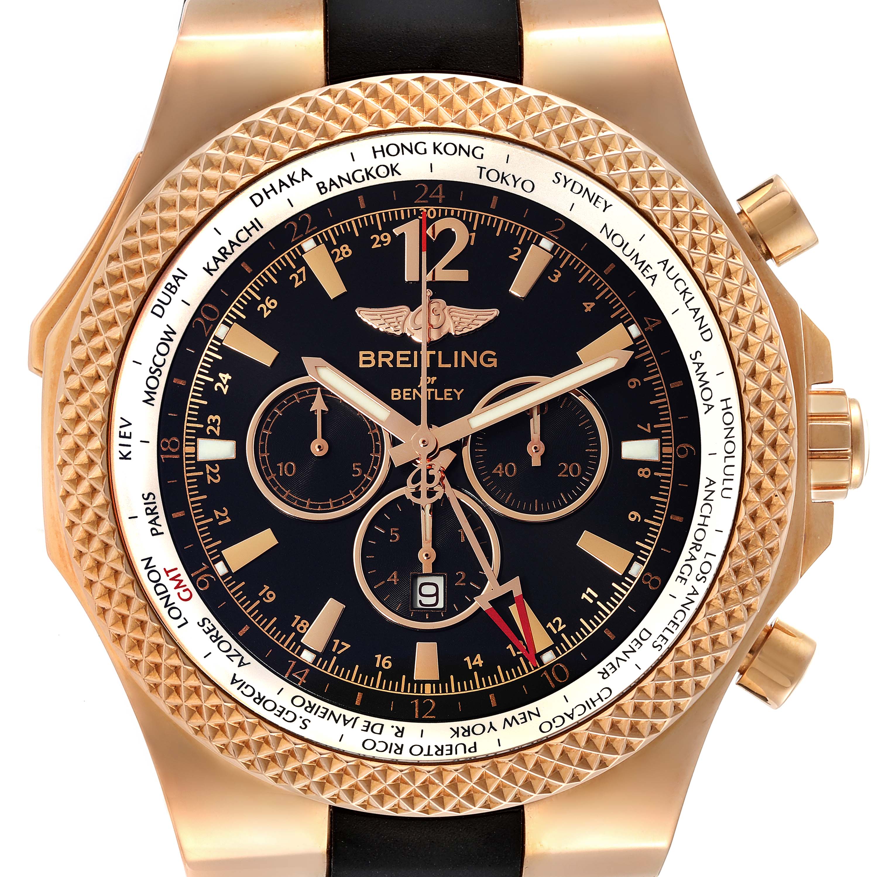 The Breitling Bentley R47362 Men's Rose Gold Black Dial R47362 Men's Rose Gold Black Dial watch is shown from a top-down angle, displaying its detailed face and bezel.