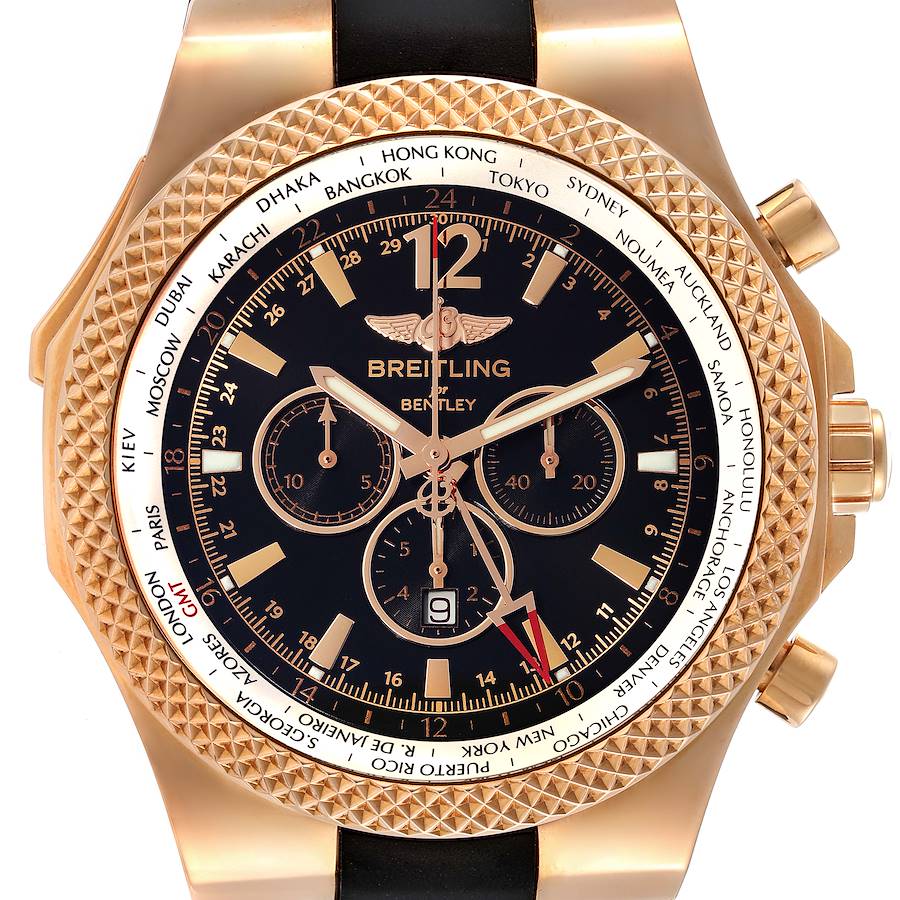 Breitling Bentley GMT Black Dial Rose Gold Mens Watch R47362 Box Card SwissWatchExpo