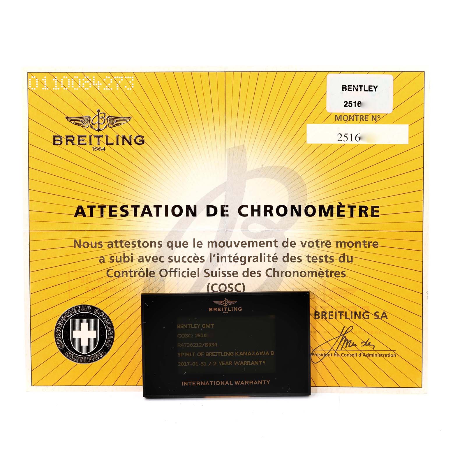 This image shows the warranty card and COSC certification for the Breitling Bentley R47362 Men's Rose Gold Black Dial R47362 Men's Rose Gold Black Dial model watch.