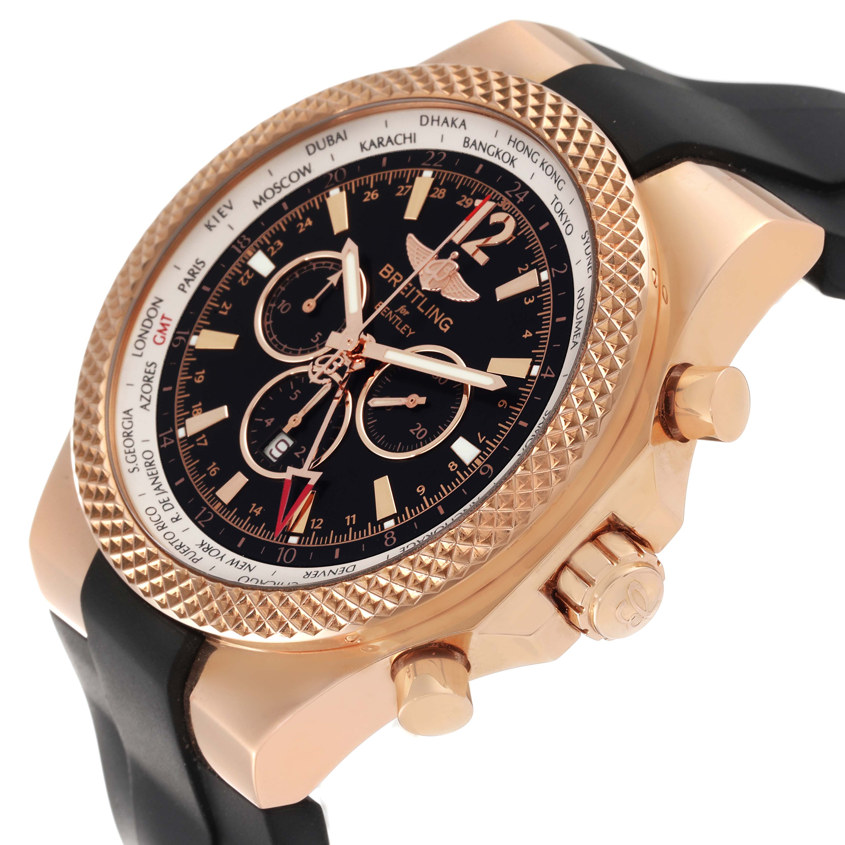 The image shows a side and partial front view of the Breitling Bentley R47362 Men's Rose Gold Black Dial R47362 Men's Rose Gold Black Dial watch, highlighting its bezel, dial, and crown.