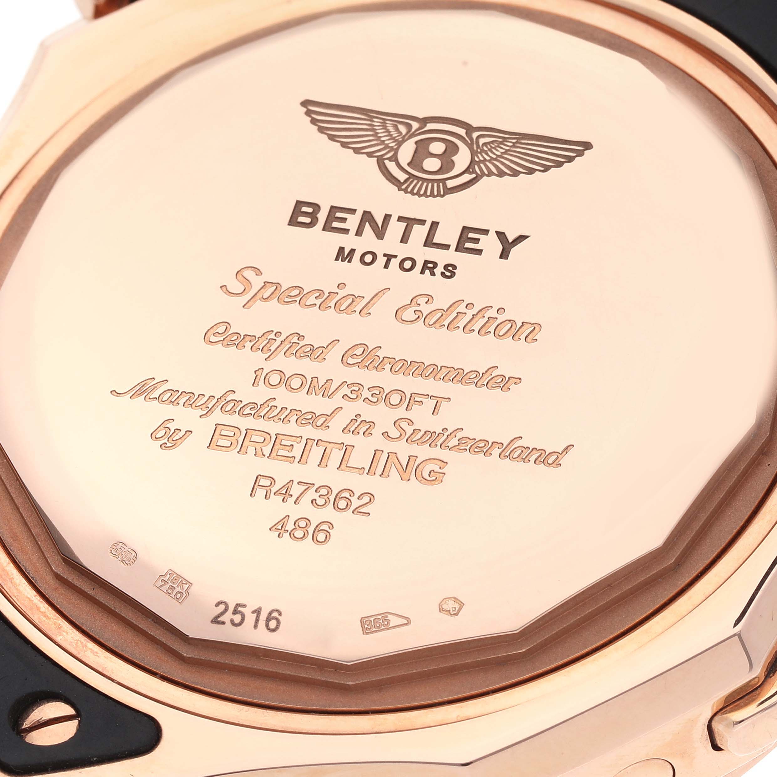 The image shows the back case of a Breitling Bentley R47362 Men's Rose Gold Black Dial R47362 Men's Rose Gold Black Dial Special Edition watch, displaying inscriptions and engravings.