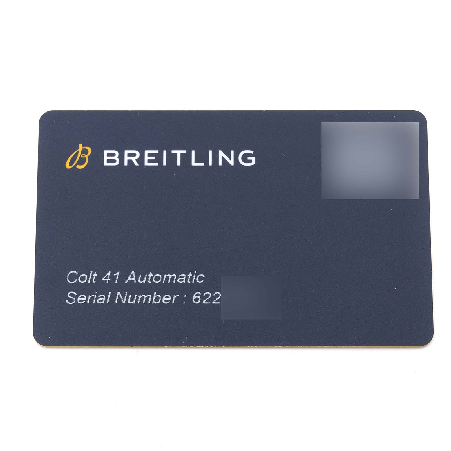 The image shows a certification card for the Breitling Colt A17313 Men
s Stainless Steel White Dial A17313 Men
s Stainless Steel White Dial 41 Automatic, displaying the brand and serial number.