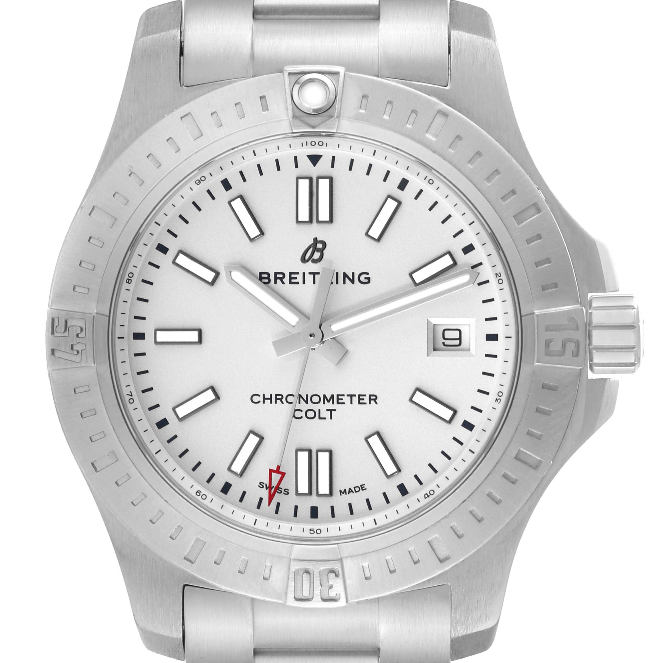 The image shows a front view of the Breitling Colt A17313 Men
s Stainless Steel White Dial A17313 Men
s Stainless Steel White Dial watch, highlighting the dial, hands, bezel, and date window.