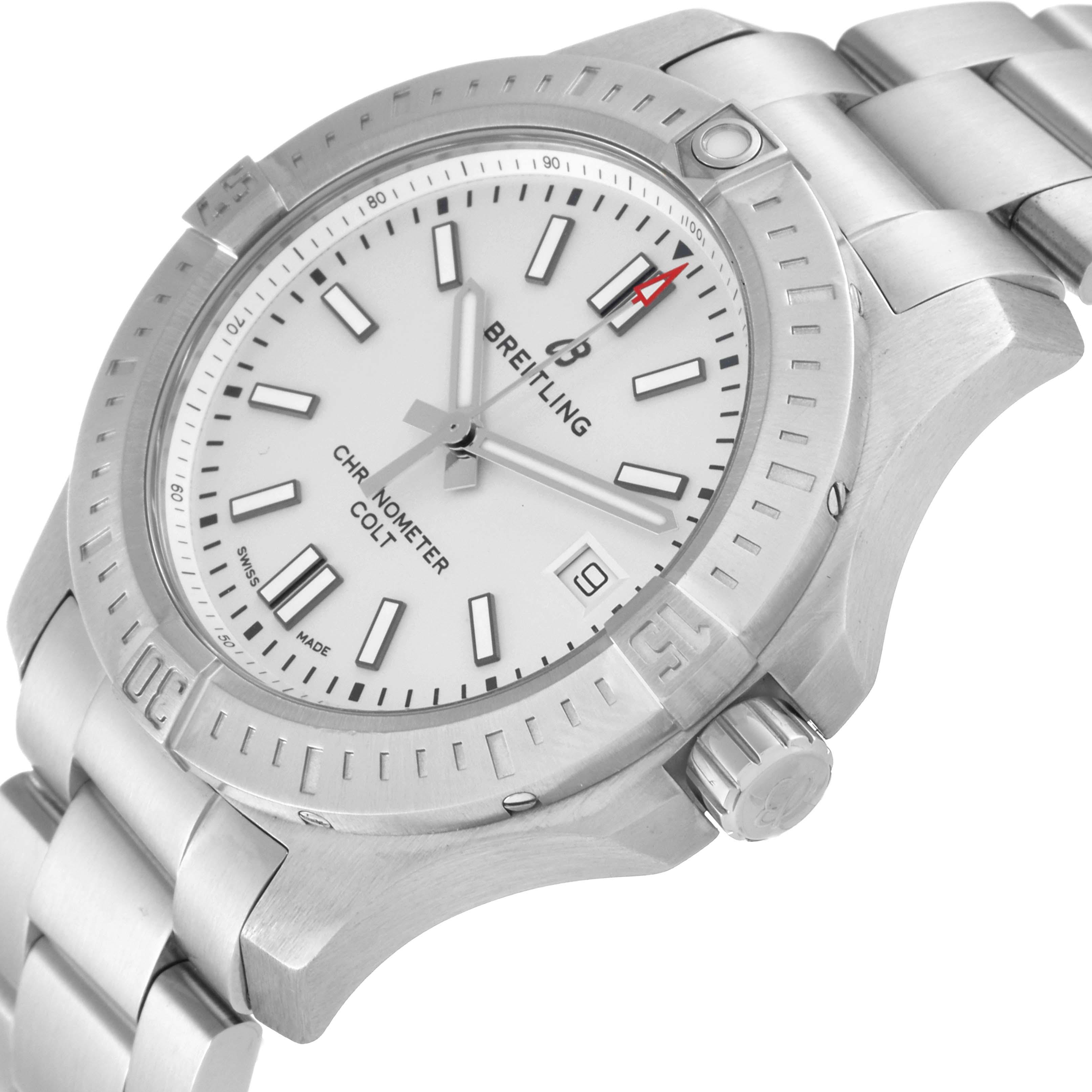 This image shows a Breitling Colt A17313 Men
s Stainless Steel White Dial A17313 Men
s Stainless Steel White Dial watch from an angled top view, highlighting its dial, bezel, bracelet, and crown.