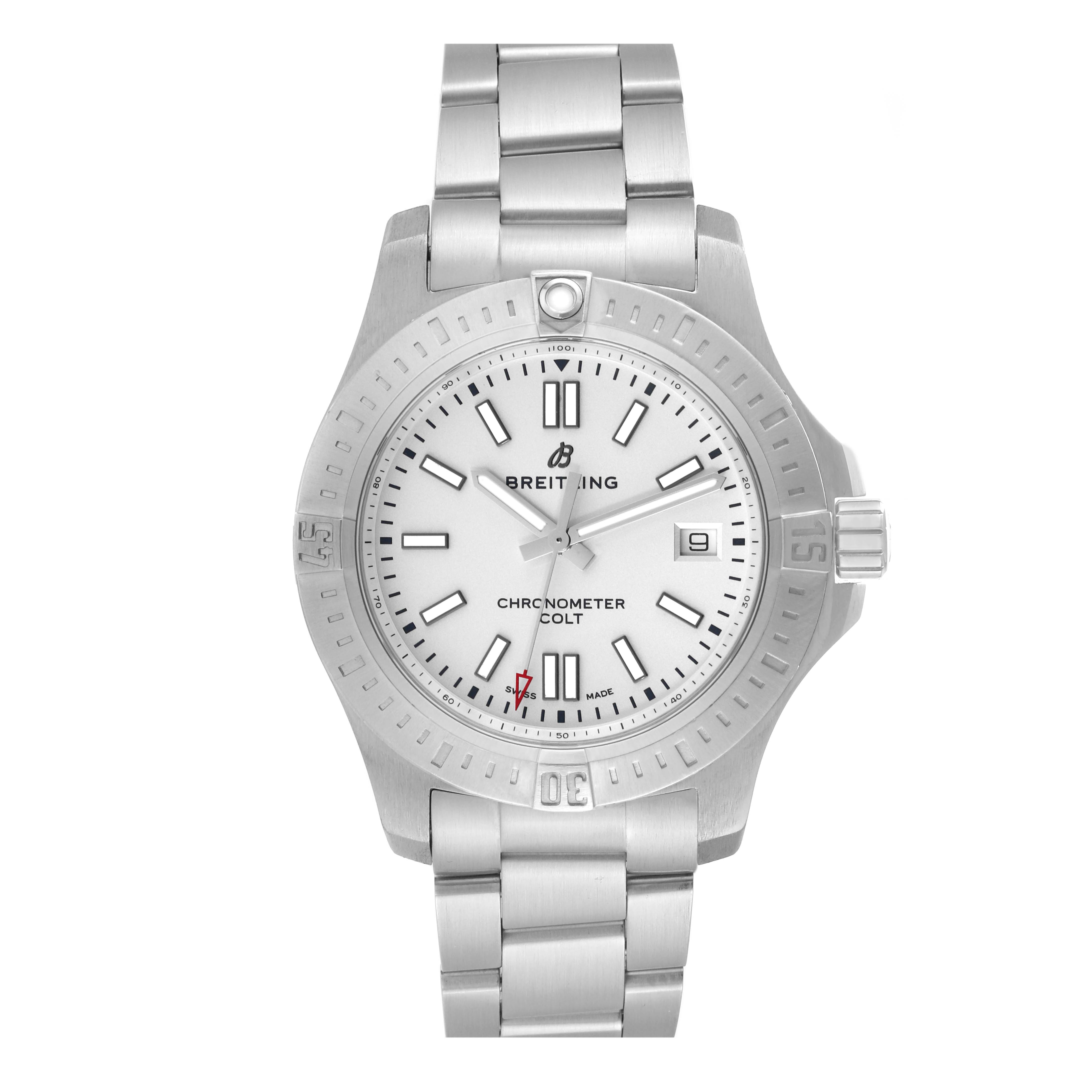The image shows a front view of the Breitling Colt A17313 Men
s Stainless Steel White Dial A17313 Men
s Stainless Steel White Dial watch, displaying its dial, bezel, and metal bracelet.