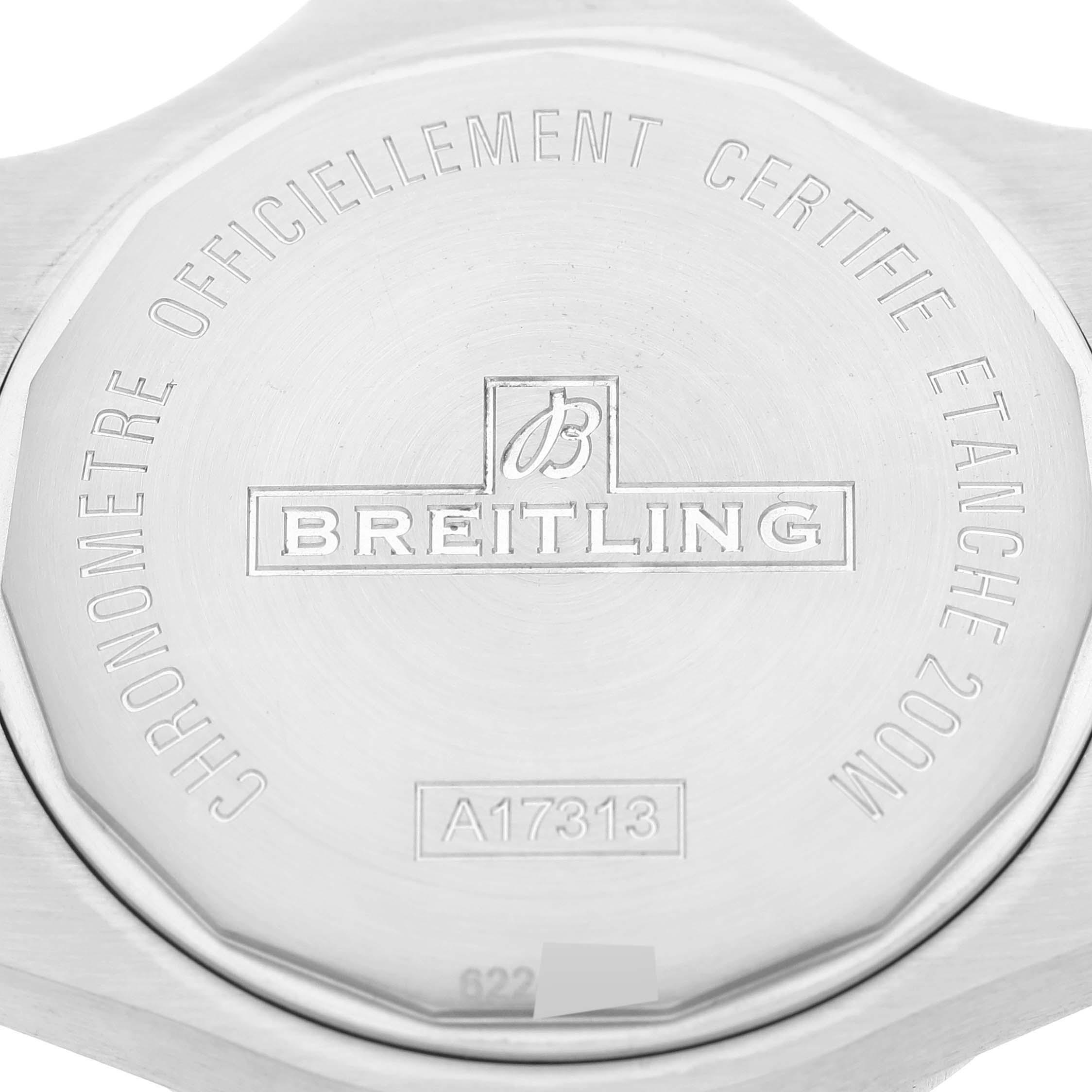 The image shows the back case of the Breitling Colt A17313 Men
s Stainless Steel White Dial A17313 Men
s Stainless Steel White Dial watch, displaying model number and branding engravings.