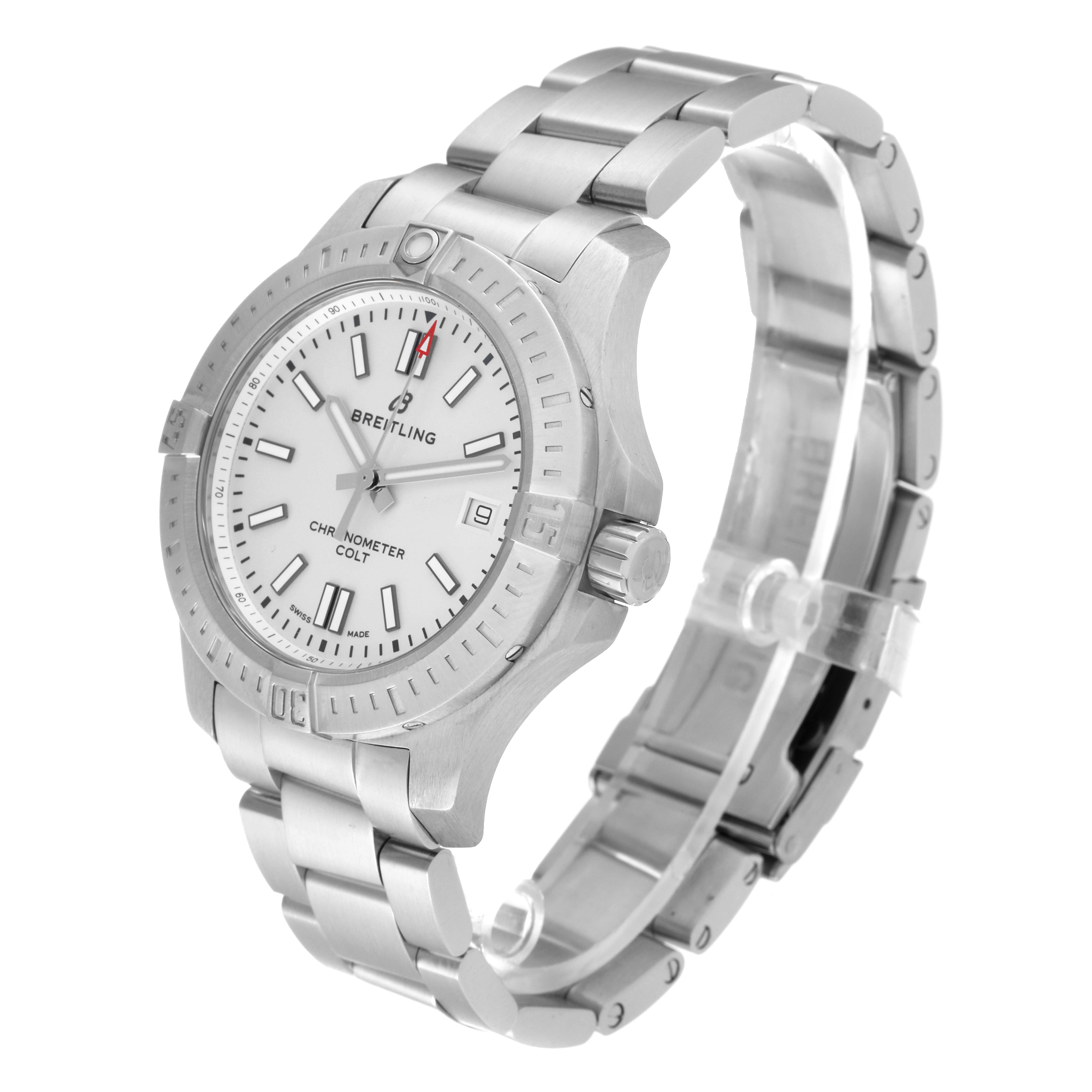 The Breitling Colt A17313 Men
s Stainless Steel White Dial A17313 Men
s Stainless Steel White Dial watch is shown at a three-quarter angle highlighting its dial, bezel, crown, and metal bracelet.