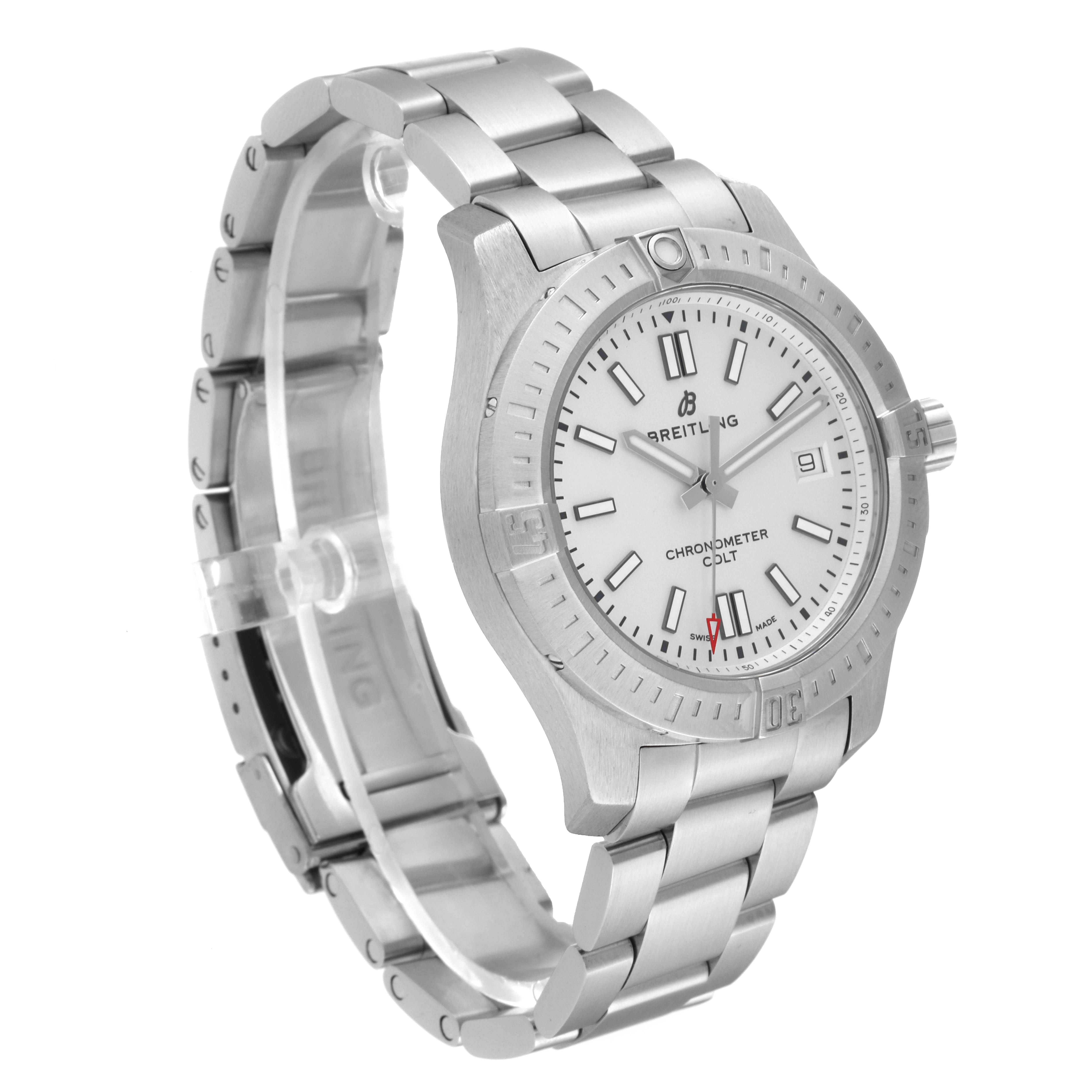 The image shows a Breitling Colt A17313 Men
s Stainless Steel White Dial A17313 Men
s Stainless Steel White Dial watch at a front-side angle, highlighting its face, bezel, and stainless steel band.