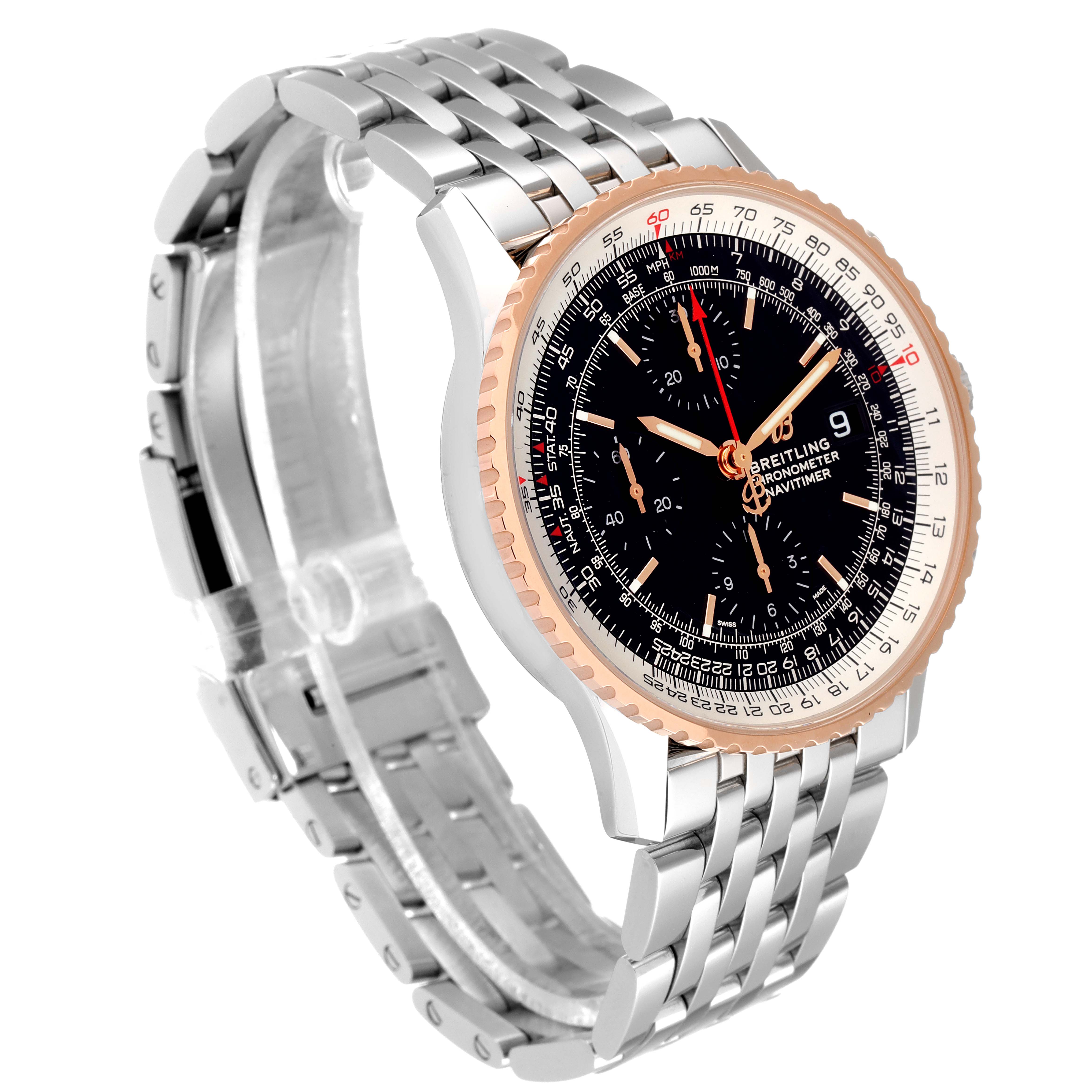 This Breitling Navitimer U13324211B1X1 Men's Steel and Gold (two tone) Black Dial U13324211B1X1 Men's Steel and Gold (two tone) Black Dial watch is shown at an angled view, highlighting the face, bezel, and stainless steel bracelet.