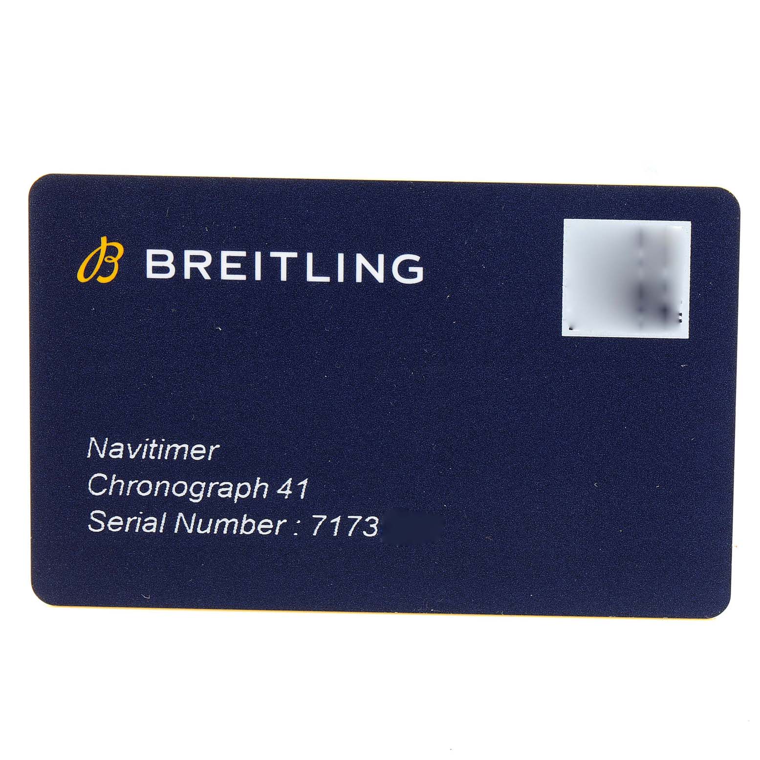 The image shows an identification card for the Breitling Navitimer U13324211B1X1 Men's Steel and Gold (two tone) Black Dial U13324211B1X1 Men's Steel and Gold (two tone) Black Dial Chronograph 41, including the serial number.