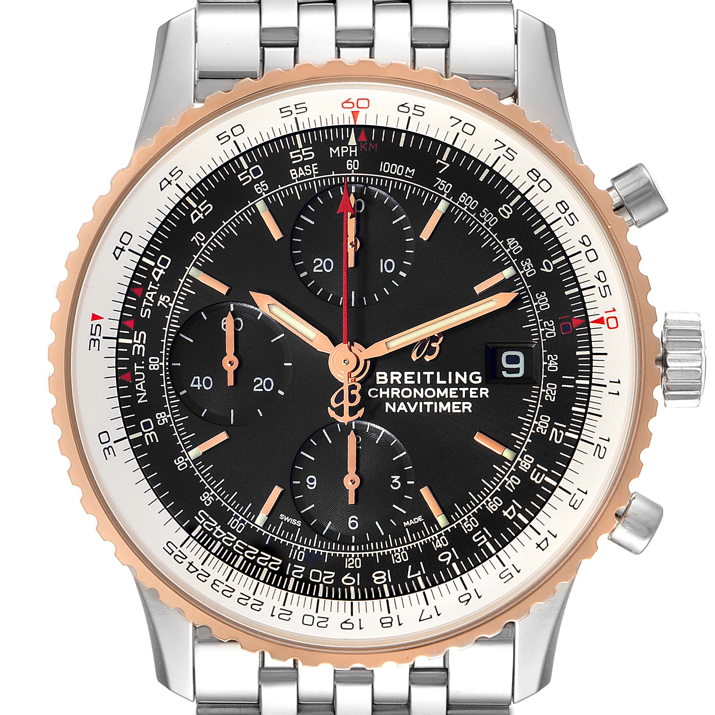 The image shows a close-up of the face, bezel, and bracelet of a Breitling Navitimer U13324211B1X1 Men's Steel and Gold (two tone) Black Dial U13324211B1X1 Men's Steel and Gold (two tone) Black Dial watch, displaying various dials and the date.