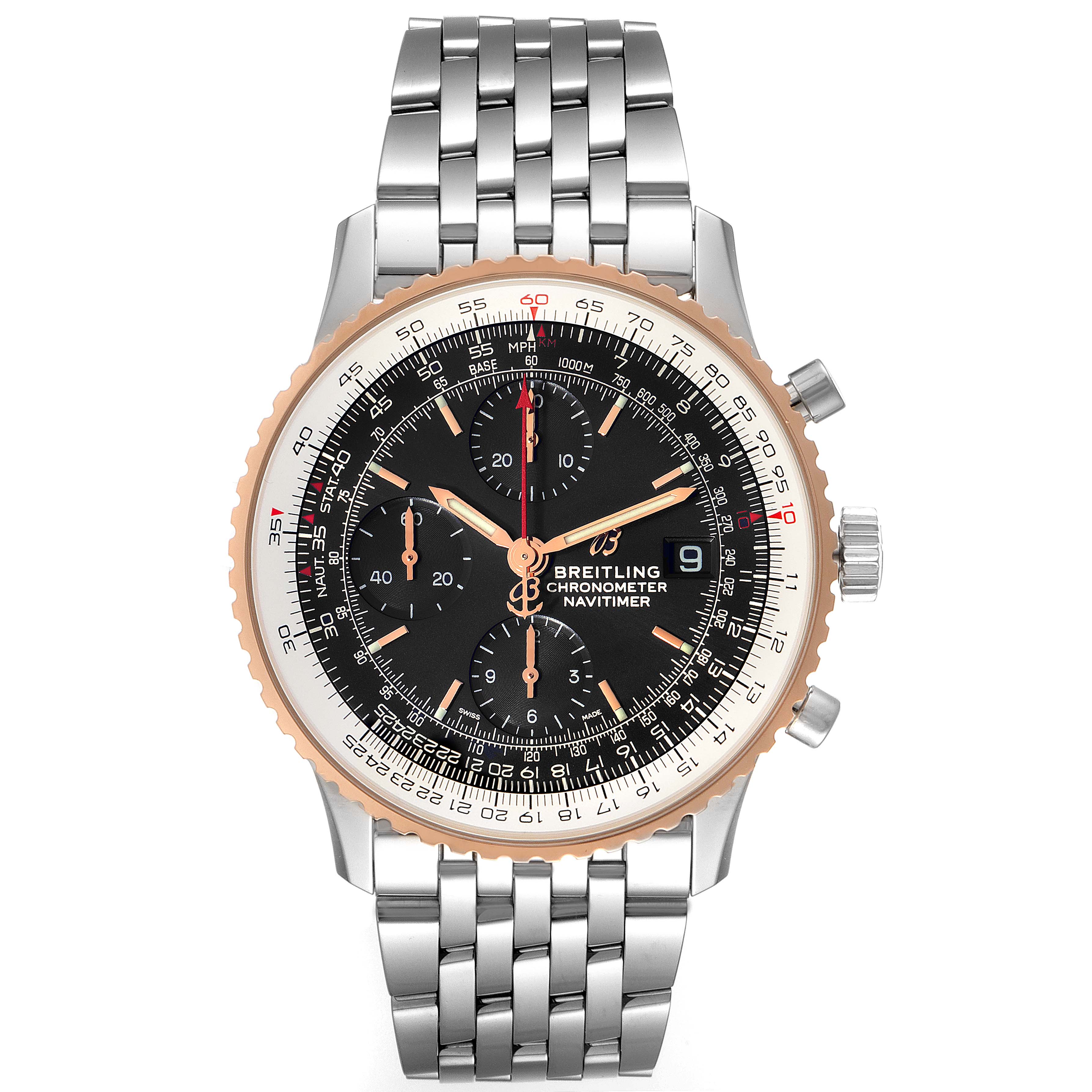 This image displays a front view of the Breitling Navitimer U13324211B1X1 Men's Steel and Gold (two tone) Black Dial U13324211B1X1 Men's Steel and Gold (two tone) Black Dial watch, highlighting its dial, bezel, and stainless steel bracelet.