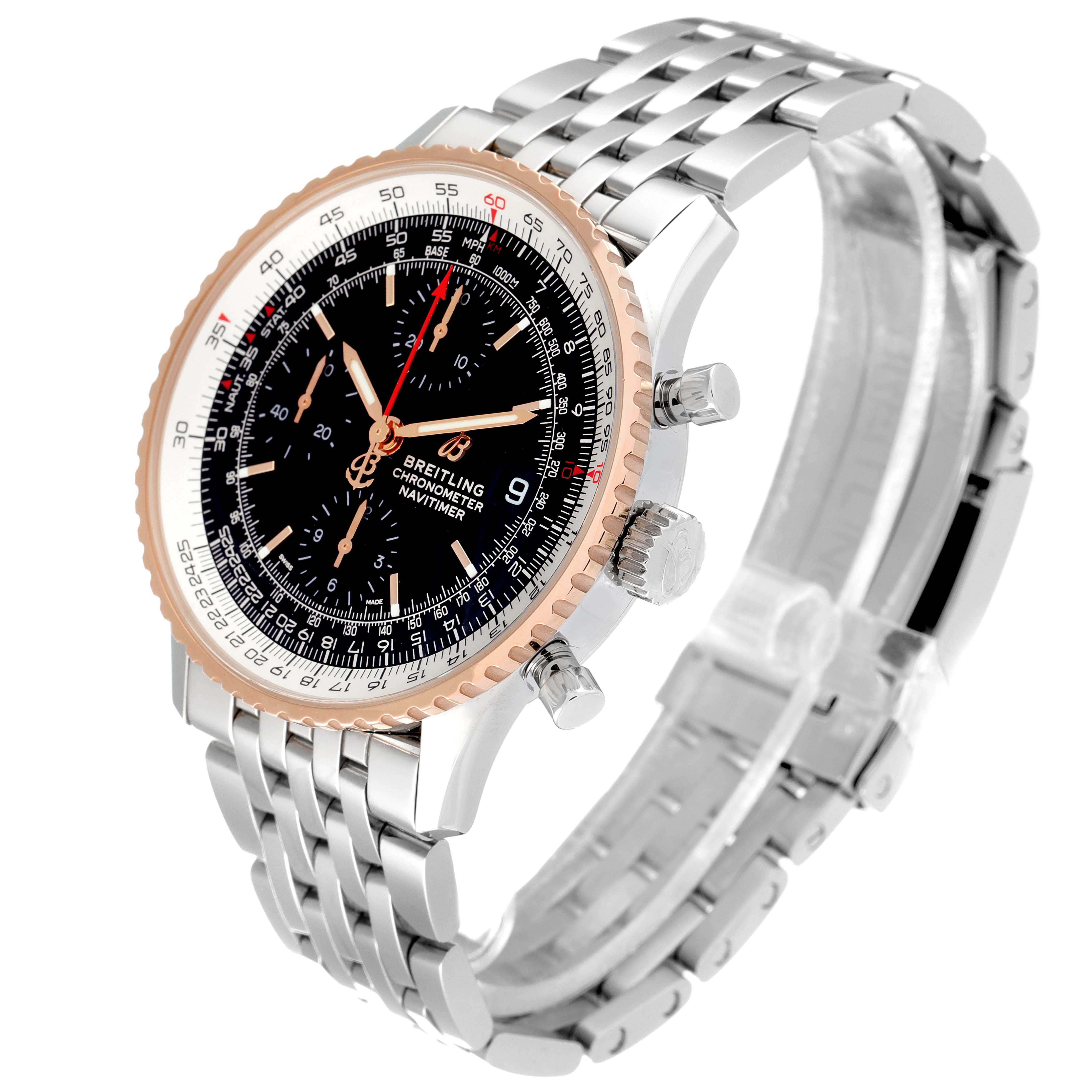 The image shows a three-quarter angle of a Breitling Navitimer U13324211B1X1 Men's Steel and Gold (two tone) Black Dial U13324211B1X1 Men's Steel and Gold (two tone) Black Dial watch, highlighting its face, bezel, crown, pushers, and bracelet.