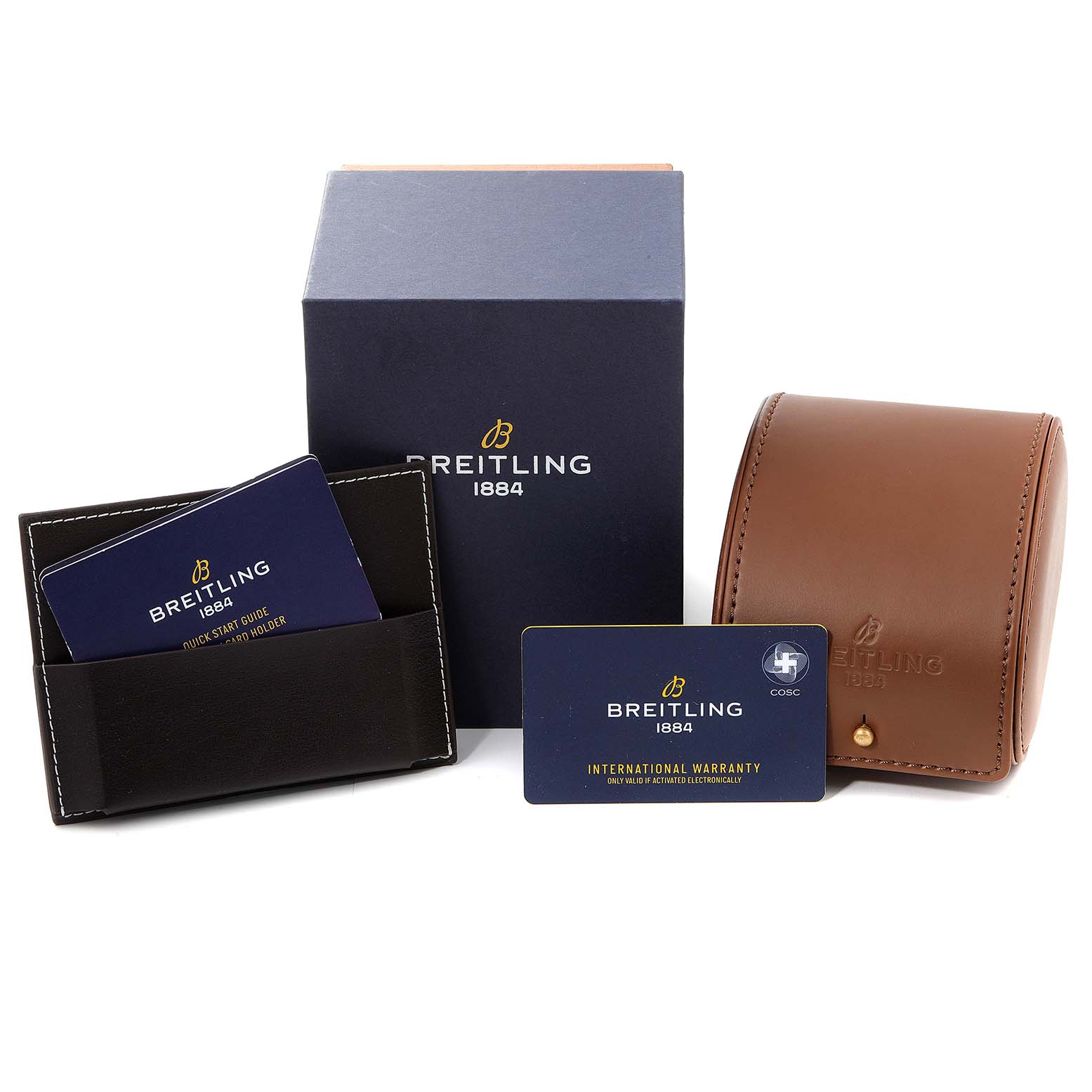 This image shows the packaging, warranty card, quick start guide, and leather travel case for the Breitling Superocean UB201012/BG53/154A Men
s Steel and Gold (two tone) Black Dial UB201012/BG53/154A Men
s Steel and Gold (two tone) Black Dial.