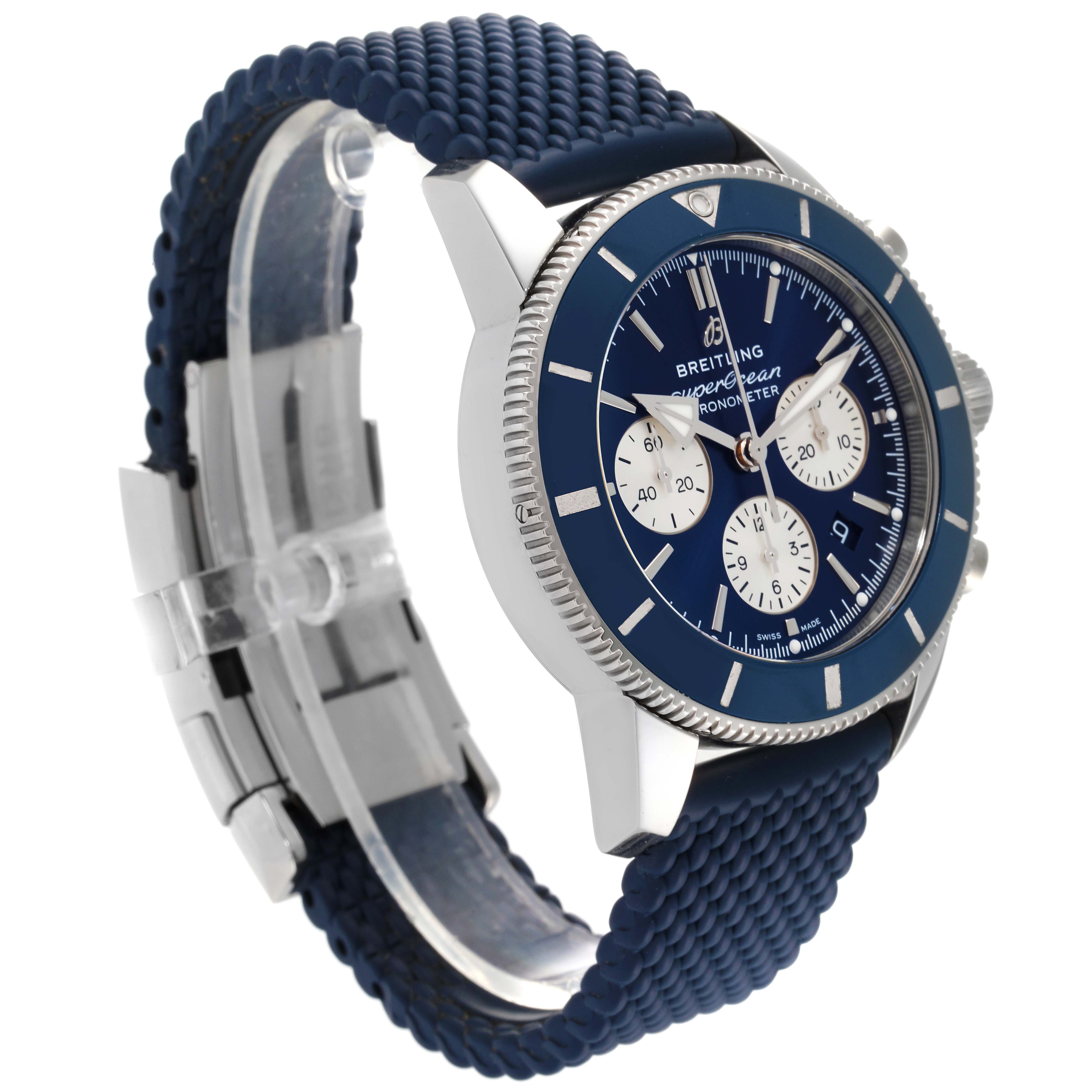 The Breitling Superocean AB0162 Men's Stainless Steel Blue Dial AB0162 Men's Stainless Steel Blue Dial watch is shown at a three-quarter angle, highlighting its blue dial, bezel, strap, and side pushers.