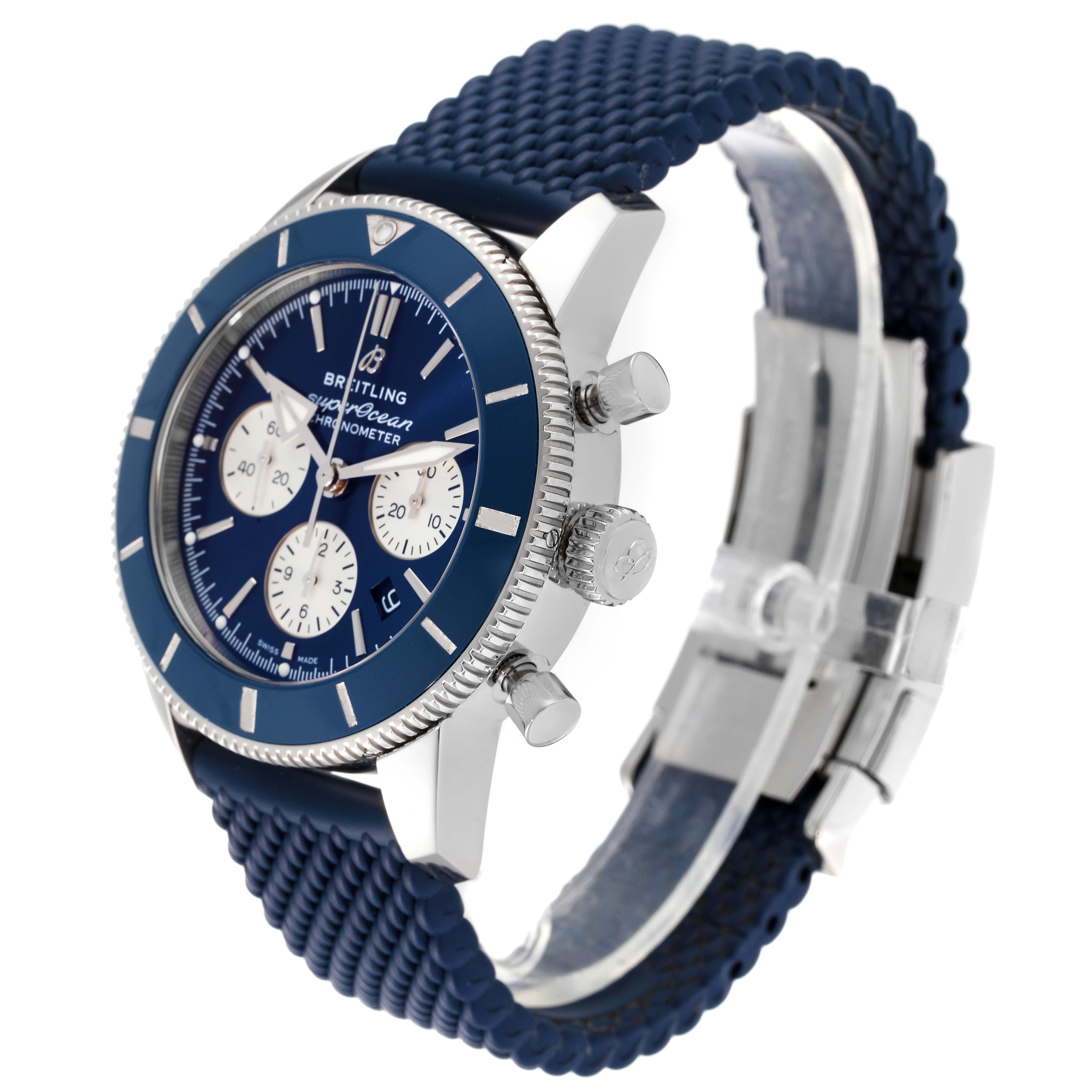 The image shows a side angle of the Breitling Superocean AB0162 Men's Stainless Steel Blue Dial AB0162 Men's Stainless Steel Blue Dial watch, highlighting the dial, bezel, crown, pushers, and blue strap.