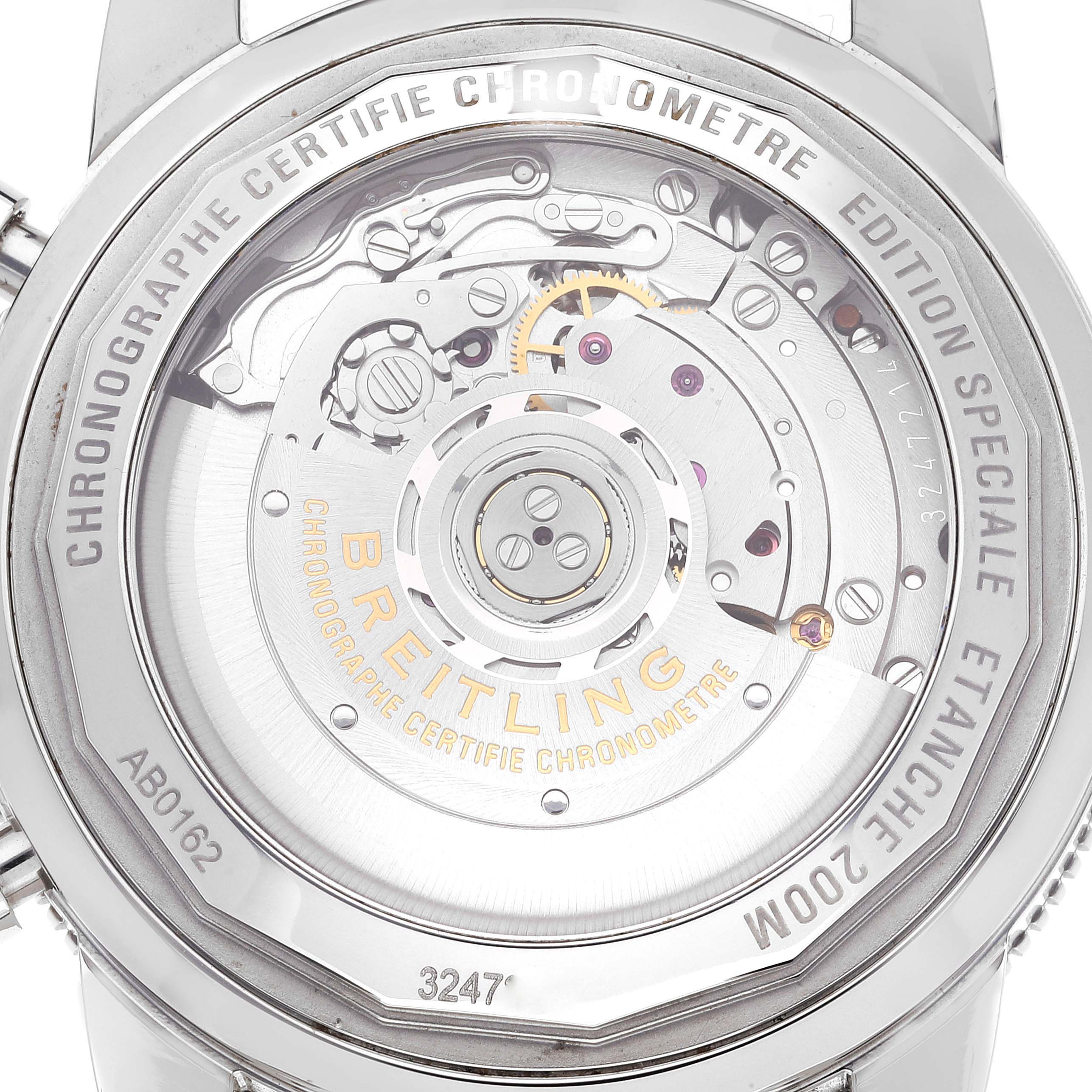 The image shows the open case back of a Breitling Superocean AB0162 Men's Stainless Steel Blue Dial AB0162 Men's Stainless Steel Blue Dial watch, revealing the movement and inner mechanisms.