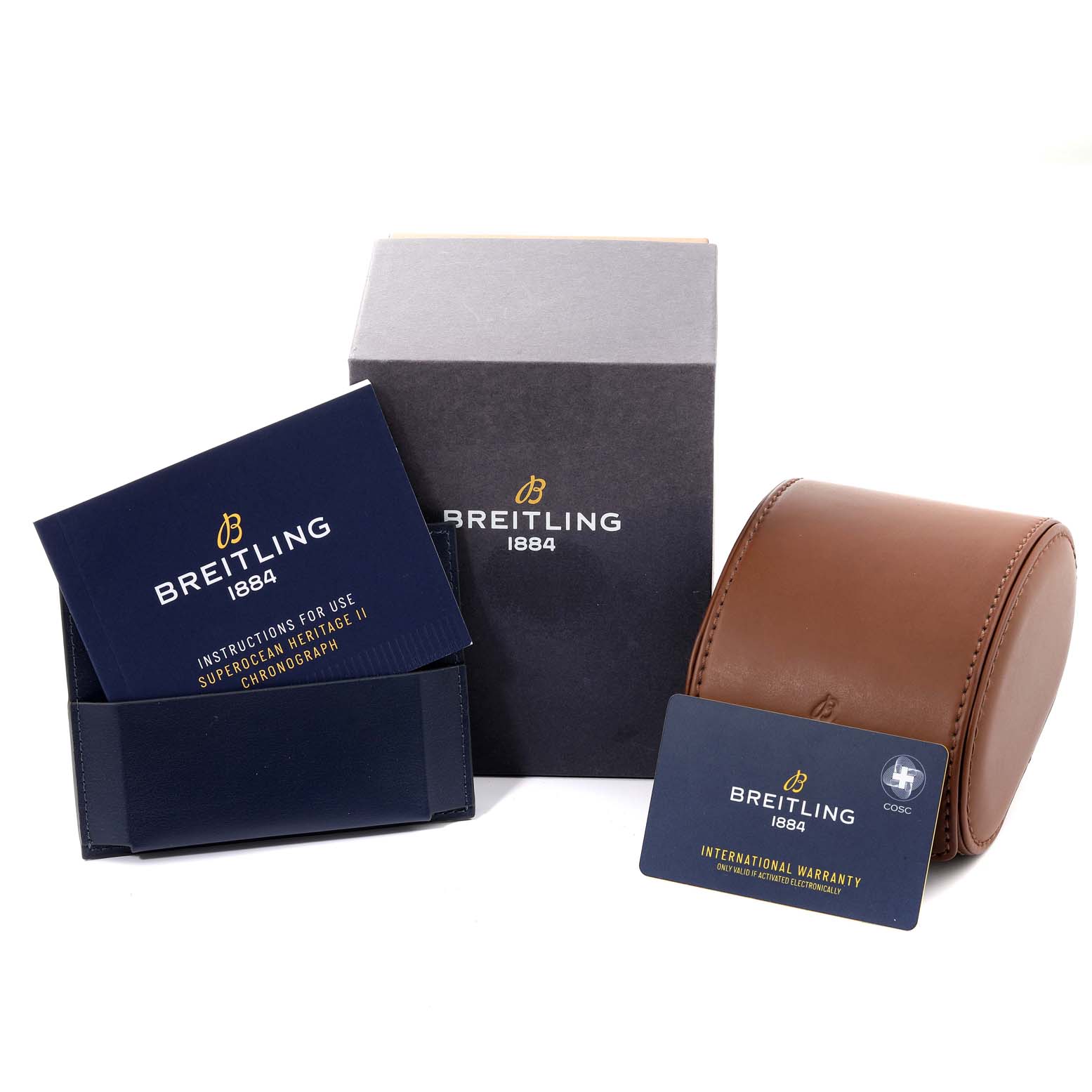 The image shows packaging and accessories for the Breitling Superocean AB0162 Men's Stainless Steel Blue Dial AB0162 Men's Stainless Steel Blue Dial model, including a box, manual, warranty card, and brown leather case.