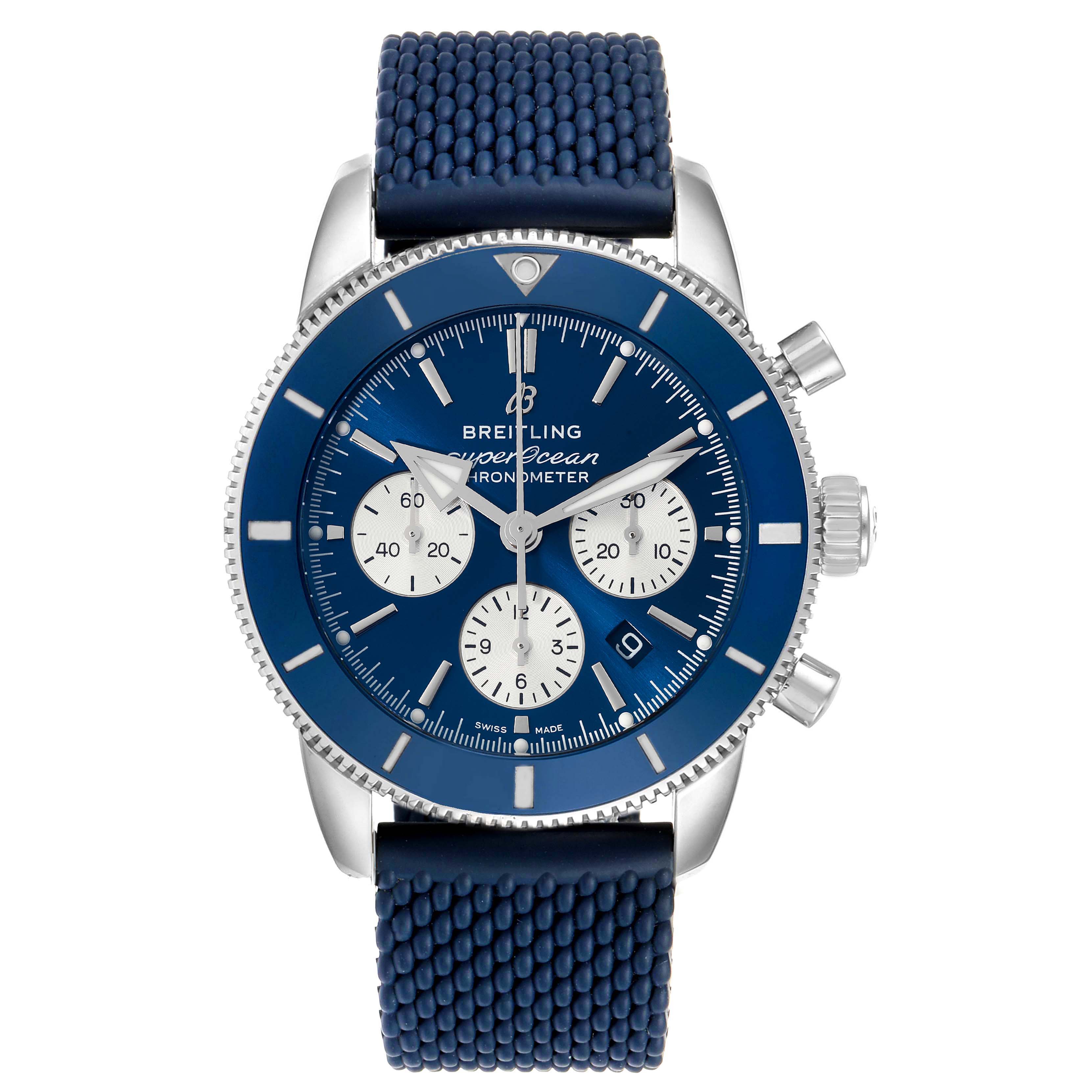 The image shows a front view of the Breitling Superocean AB0162 Men's Stainless Steel Blue Dial AB0162 Men's Stainless Steel Blue Dial watch, displaying its blue dial, three subdials, and textured strap.
