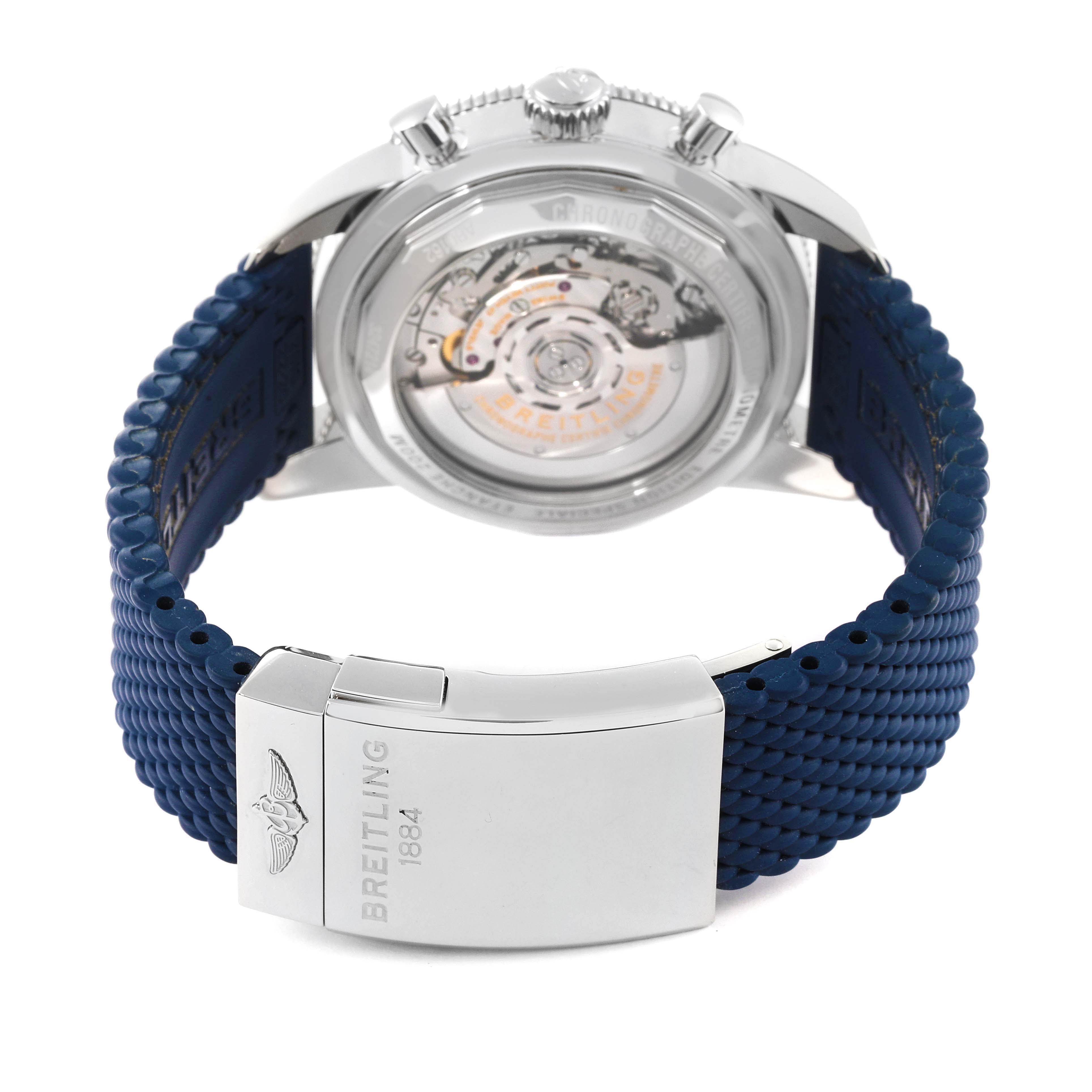 The image shows the back of a Breitling Superocean AB0162 Men's Stainless Steel Blue Dial AB0162 Men's Stainless Steel Blue Dial watch with a blue strap and stainless steel clasp.