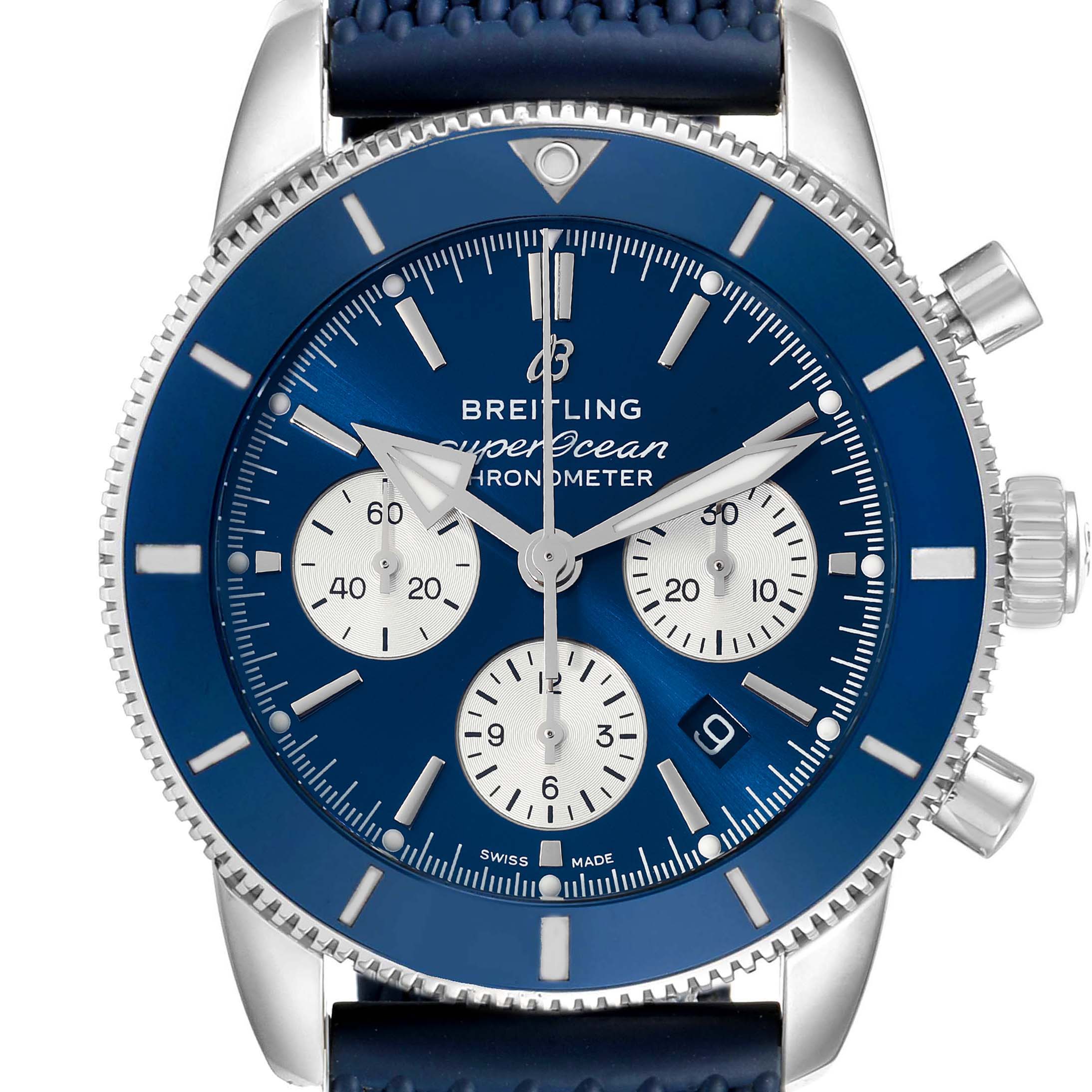 The image shows a front view of the Breitling Superocean AB0162 Men's Stainless Steel Blue Dial AB0162 Men's Stainless Steel Blue Dial watch displaying its blue dial, subdials, and bezel.