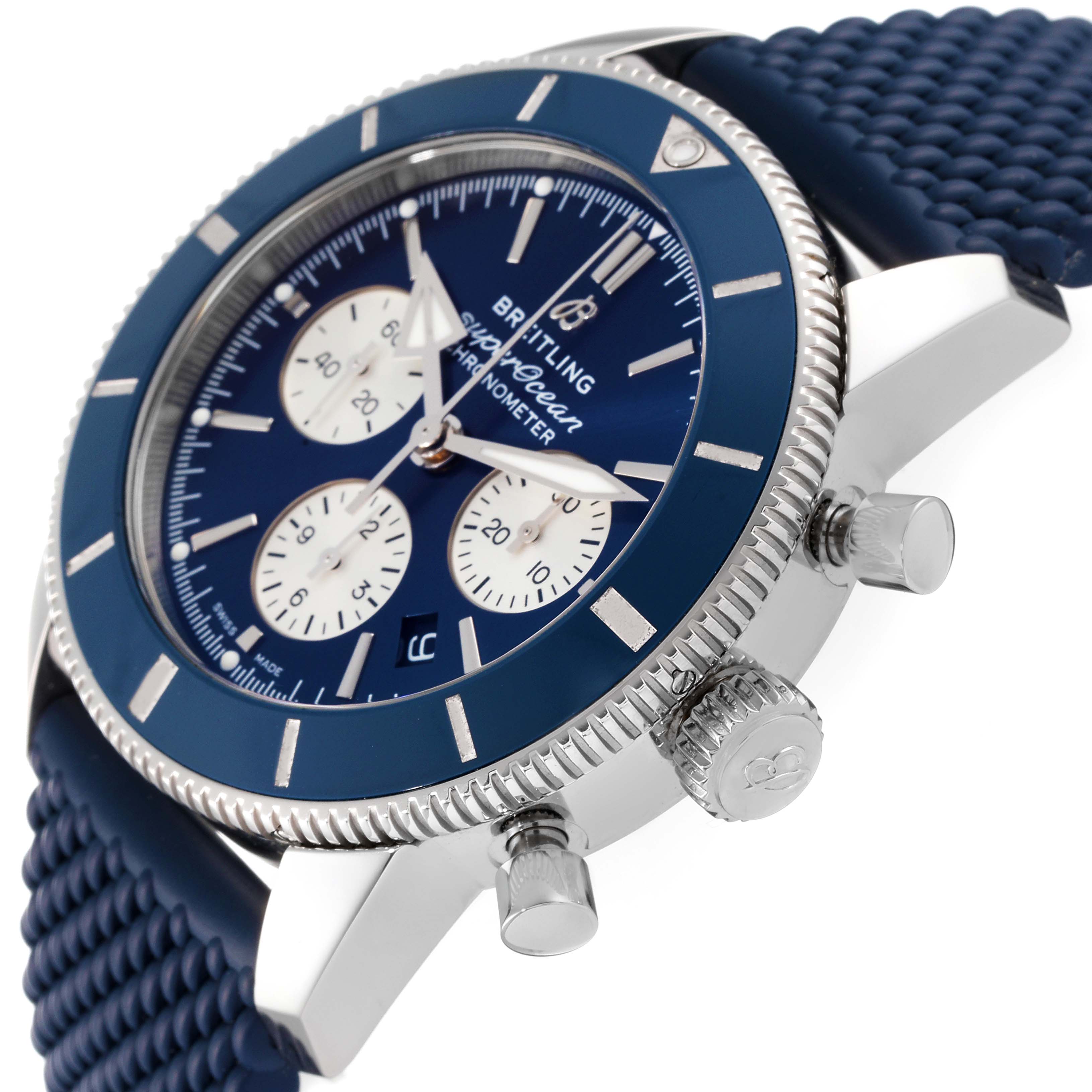 The image shows a side angle view of the Breitling Superocean AB0162 Men's Stainless Steel Blue Dial AB0162 Men's Stainless Steel Blue Dial watch, featuring its bezel, crown, chronograph pushers, and blue dial with sub-dials.