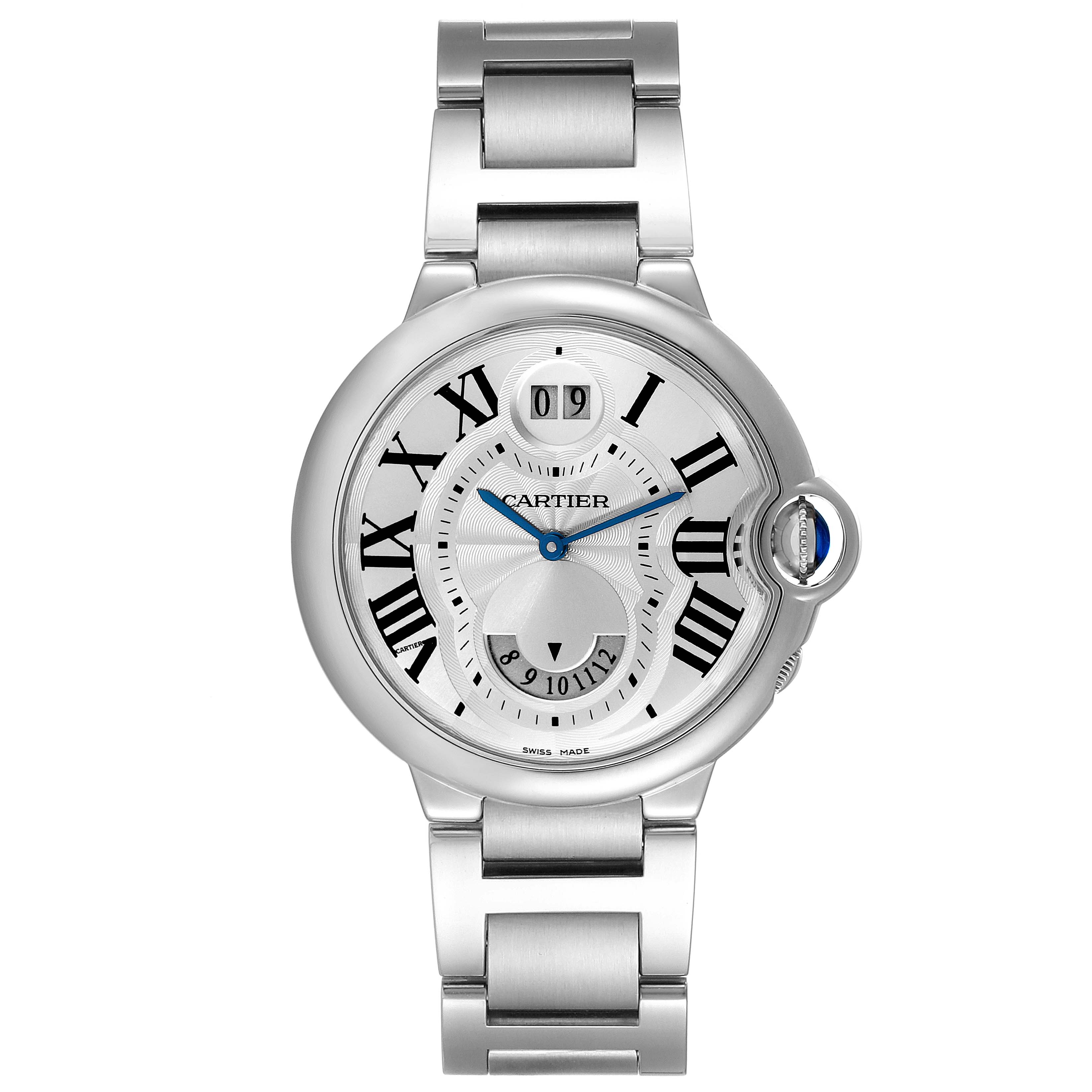 This is a front view of the Cartier Ballon Bleu W6920011 Men's Stainless Steel Silver Dial W6920011 Men's Stainless Steel Silver Dial watch, showing the face, bracelet, and blue hands.